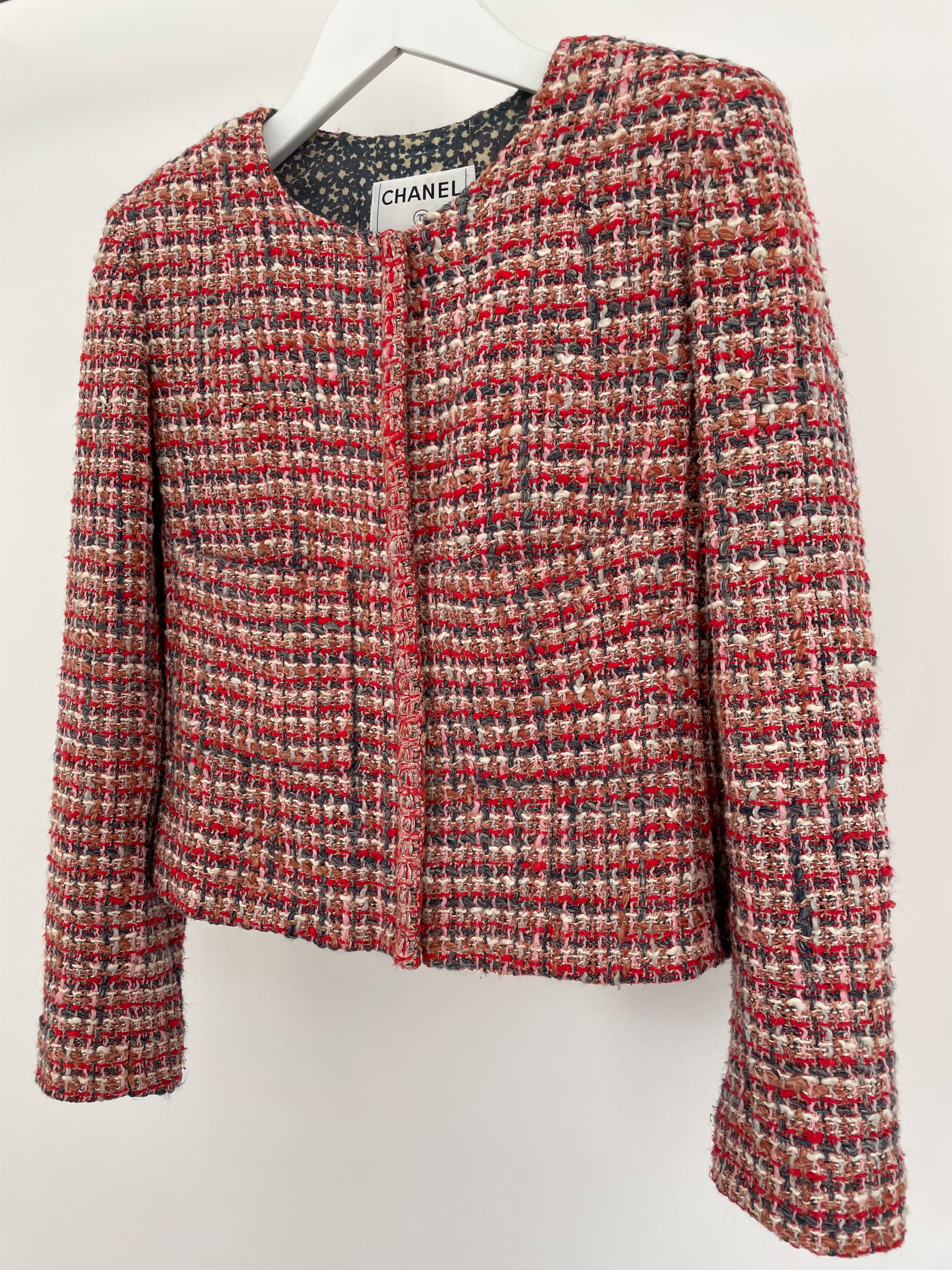 Preowned Chanel Red/Pink/Cream Silk Lesage Tweed Jacket Size M Red Multi cotton/silk/linen