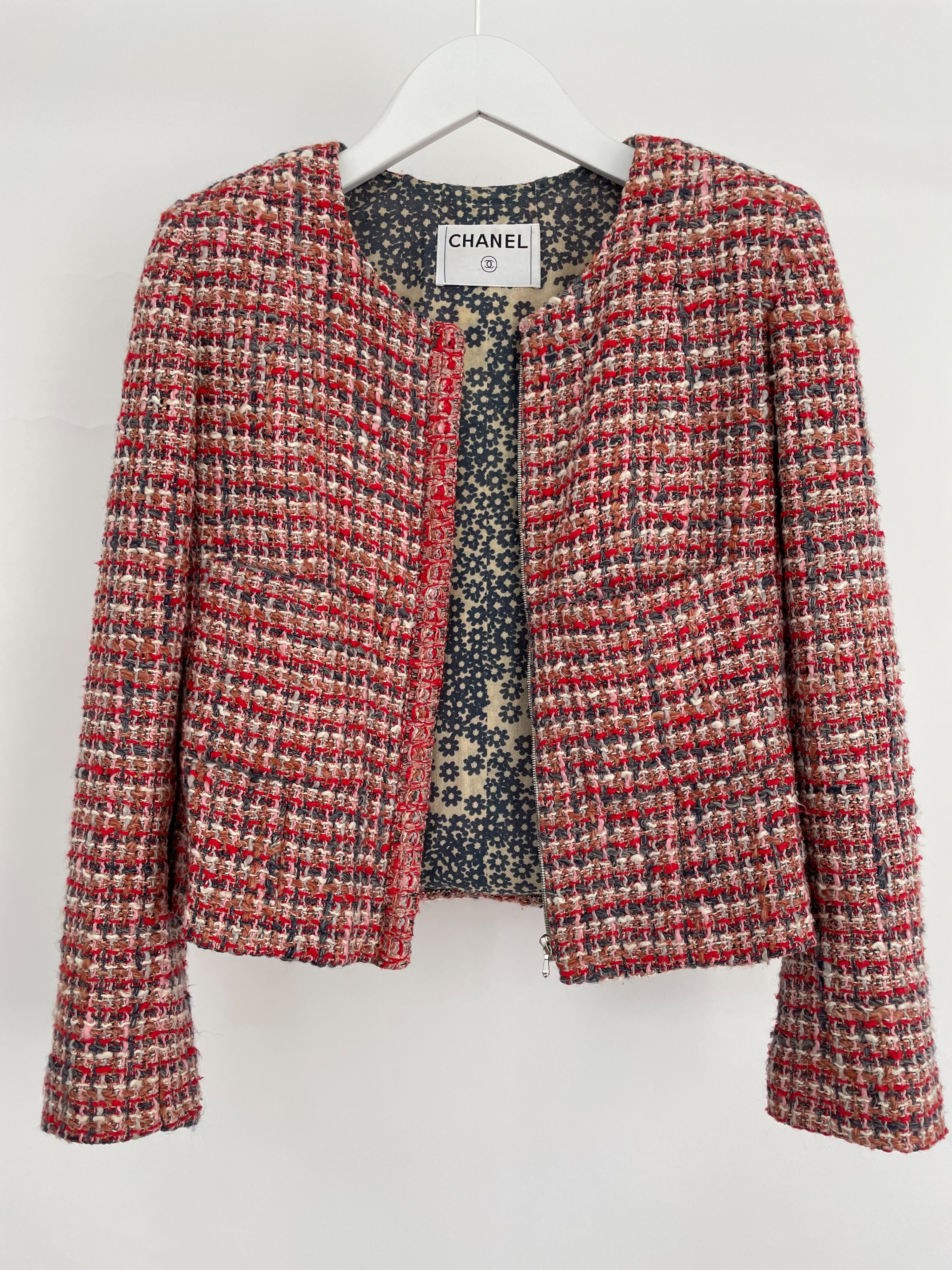 Preowned Chanel Red/Pink/Cream Silk Lesage Tweed Jacket Size M Red Multi cotton/silk/linen