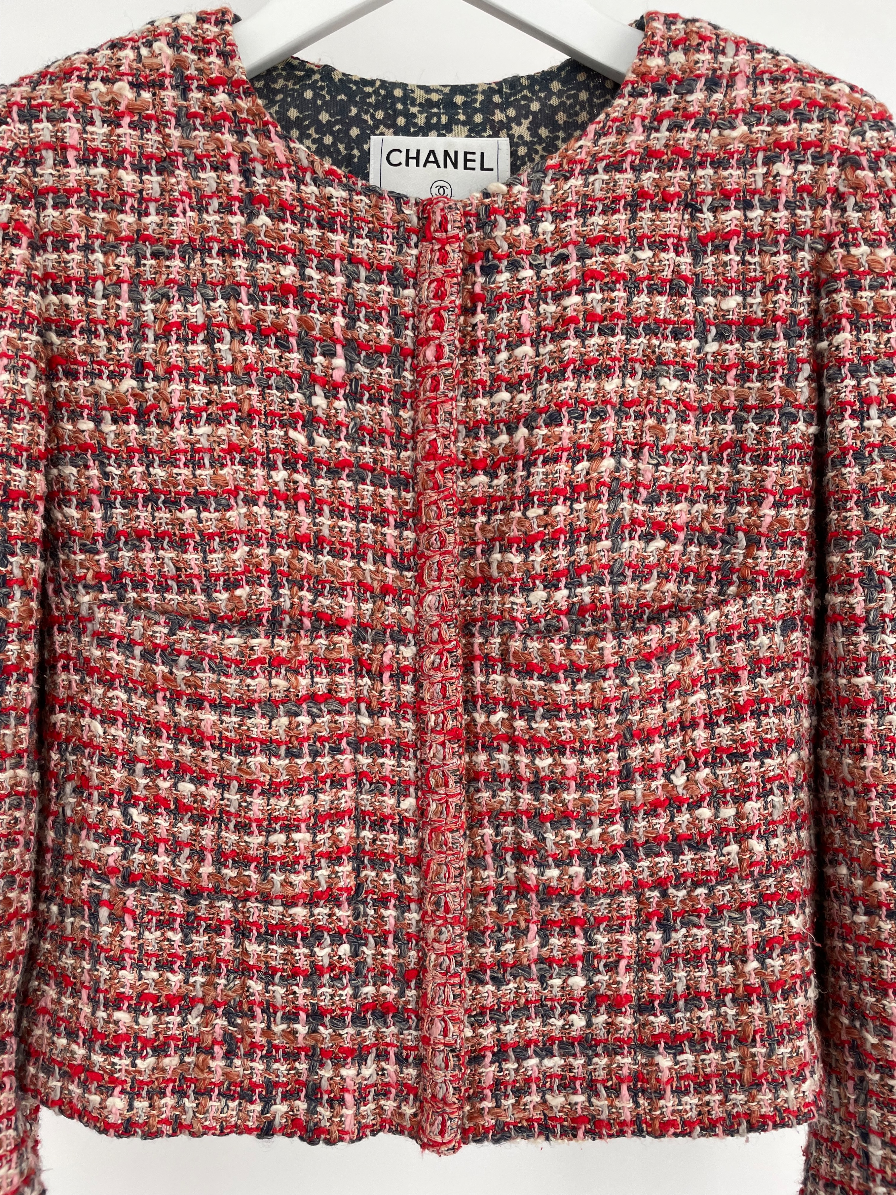 Preowned Chanel Red/Pink/Cream Silk Lesage Tweed Jacket Size M Red Multi cotton/silk/linen