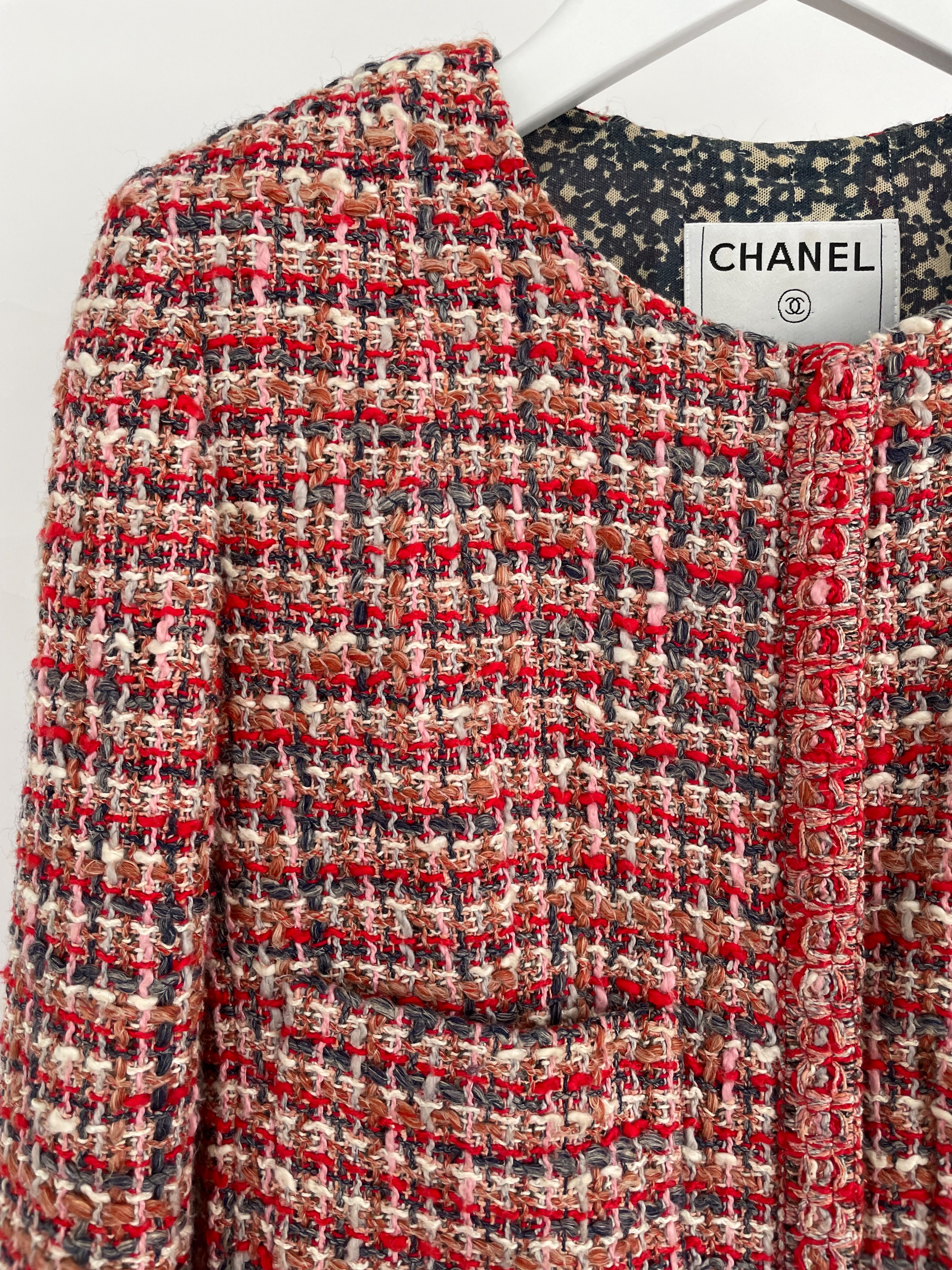 Preowned Chanel Red/Pink/Cream Silk Lesage Tweed Jacket Size M Red Multi cotton/silk/linen