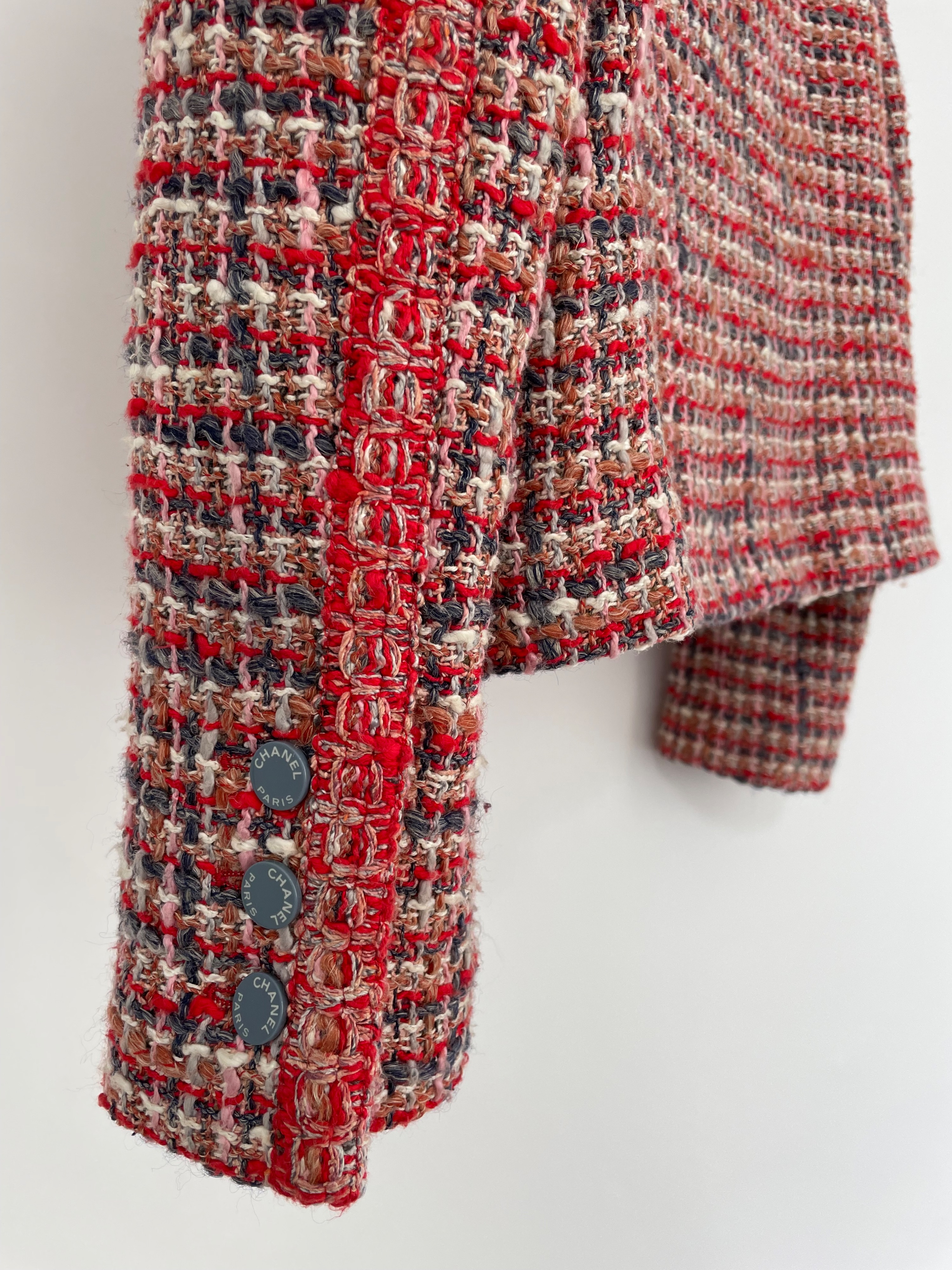 Preowned Chanel Red/Pink/Cream Silk Lesage Tweed Jacket Size M Red Multi cotton/silk/linen