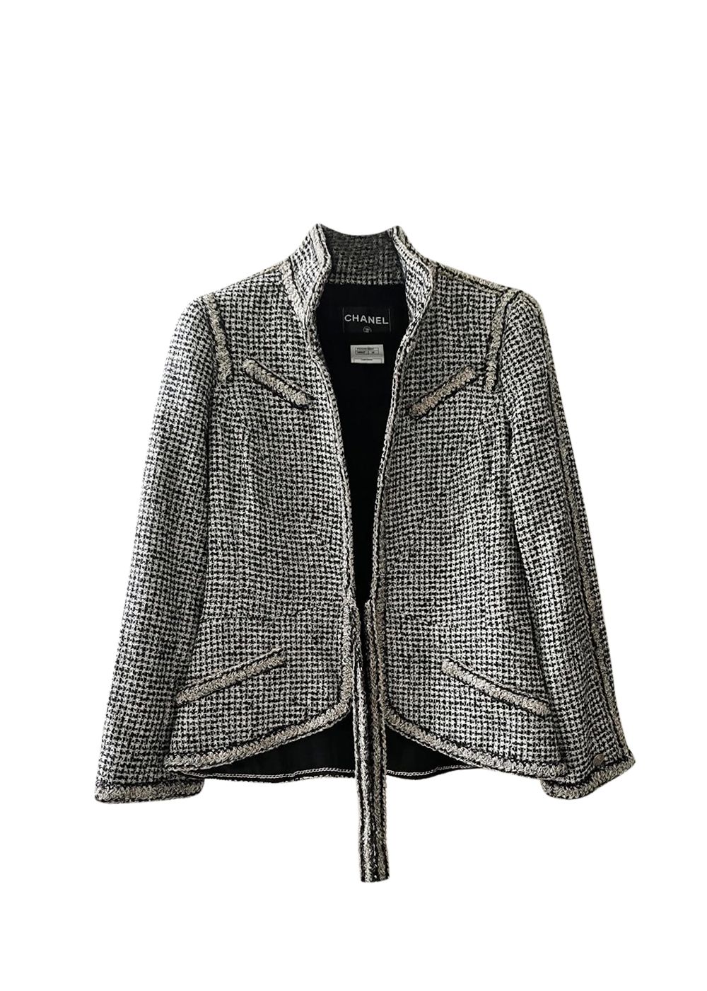 Preowned Chanel Black and White Check Tweed Jacket Size XS Gold and black