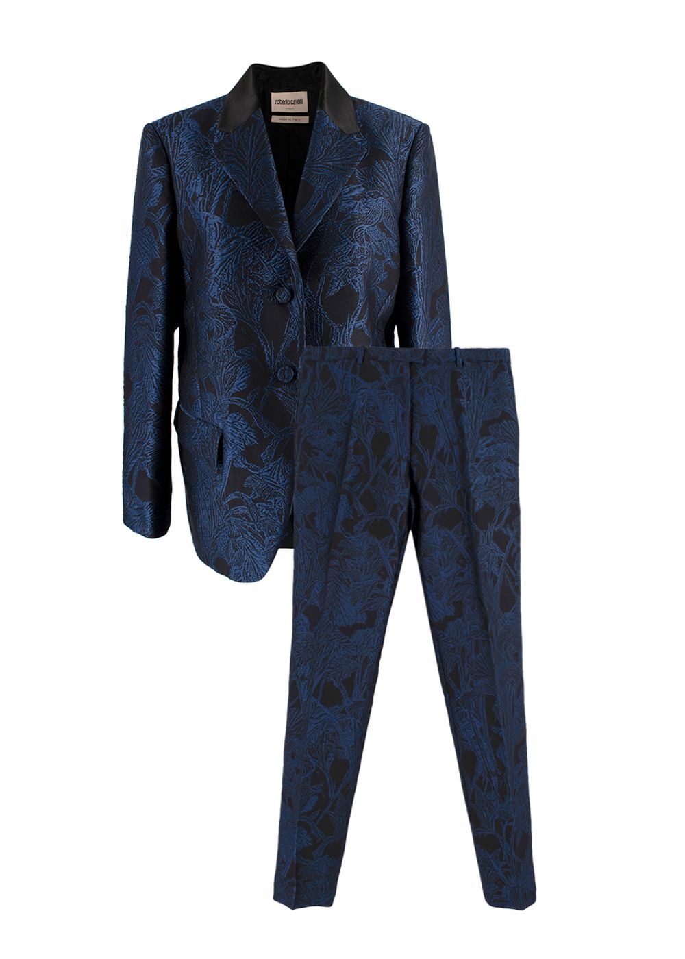 Roberto Cavalli Blue Tropical Brocade Trouser Suit Size L Navy polyester