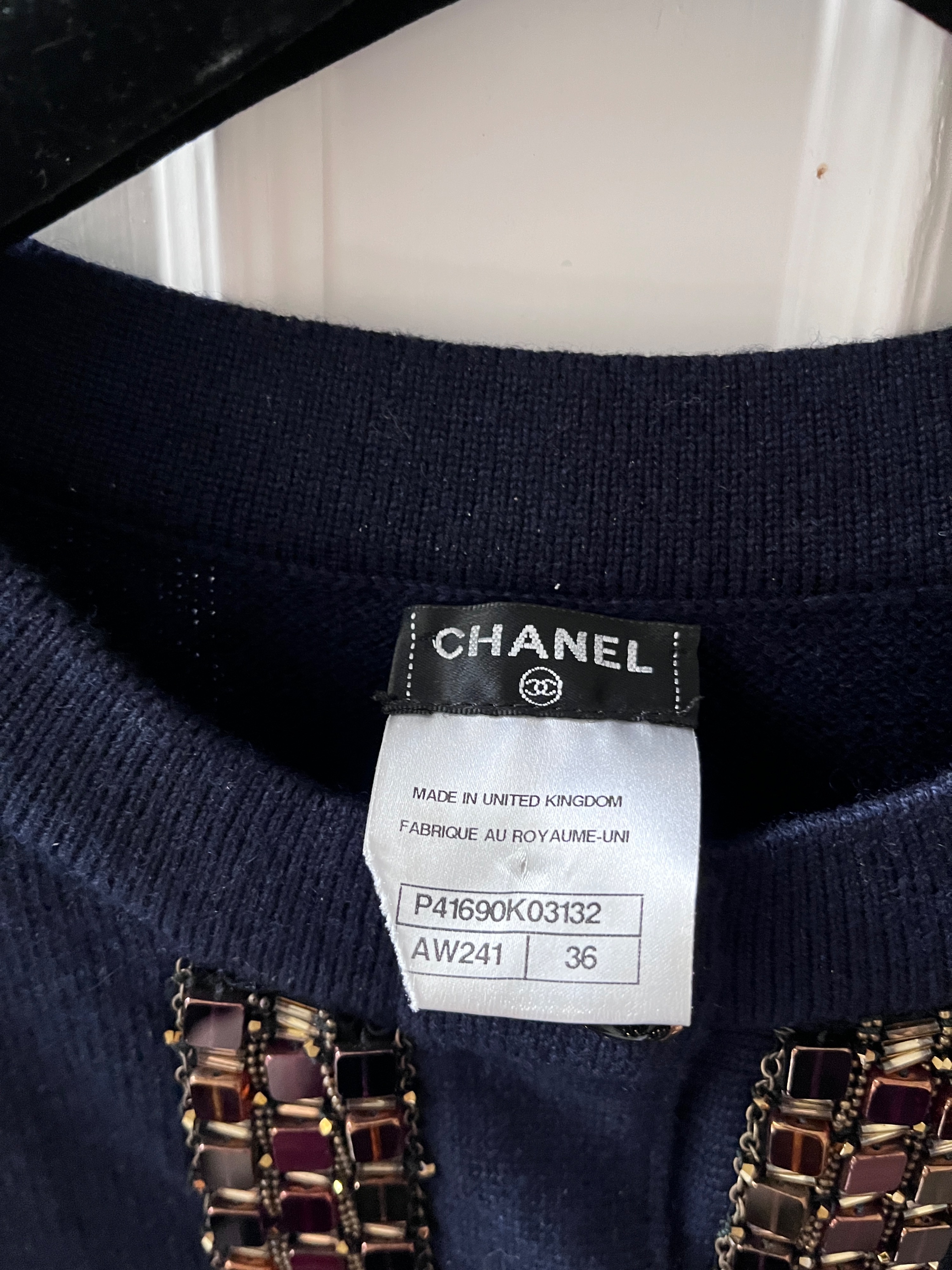 Preowned Chanel Navy Cashmere Cardigan with Jewel Button Detail Size S Navy blue cashmere/glass