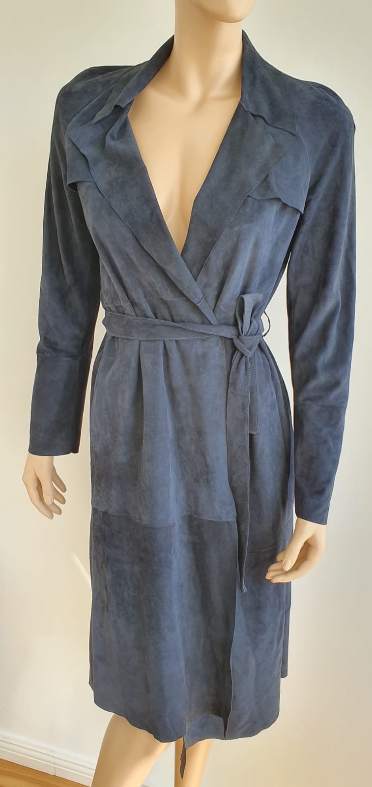 Preowned Joseph Blue Suede Duster Coat Size M leather