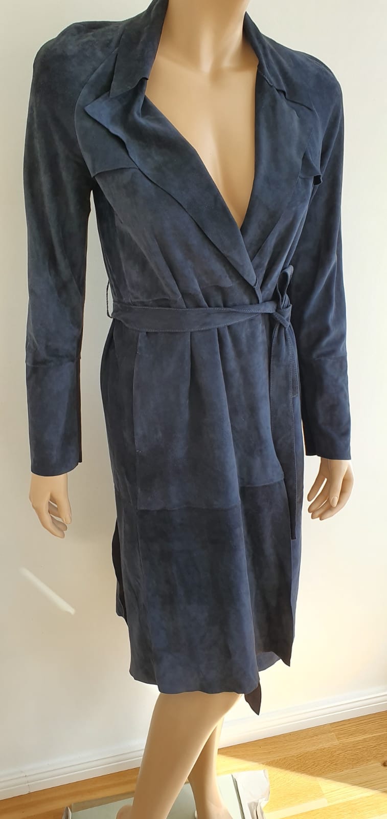 Preowned Joseph Blue Suede Duster Coat Size M leather