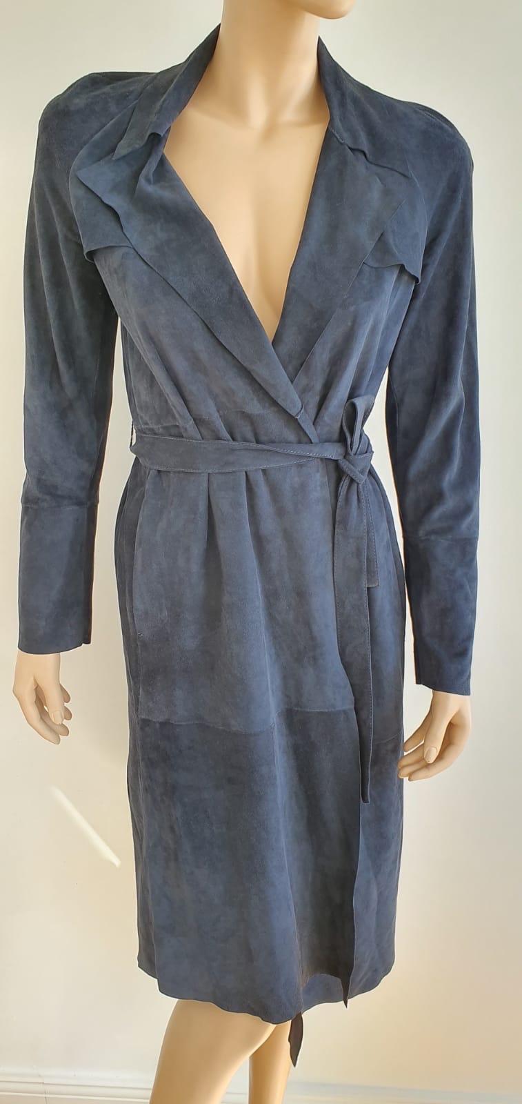 Preowned Joseph Blue Suede Duster Coat Size M leather