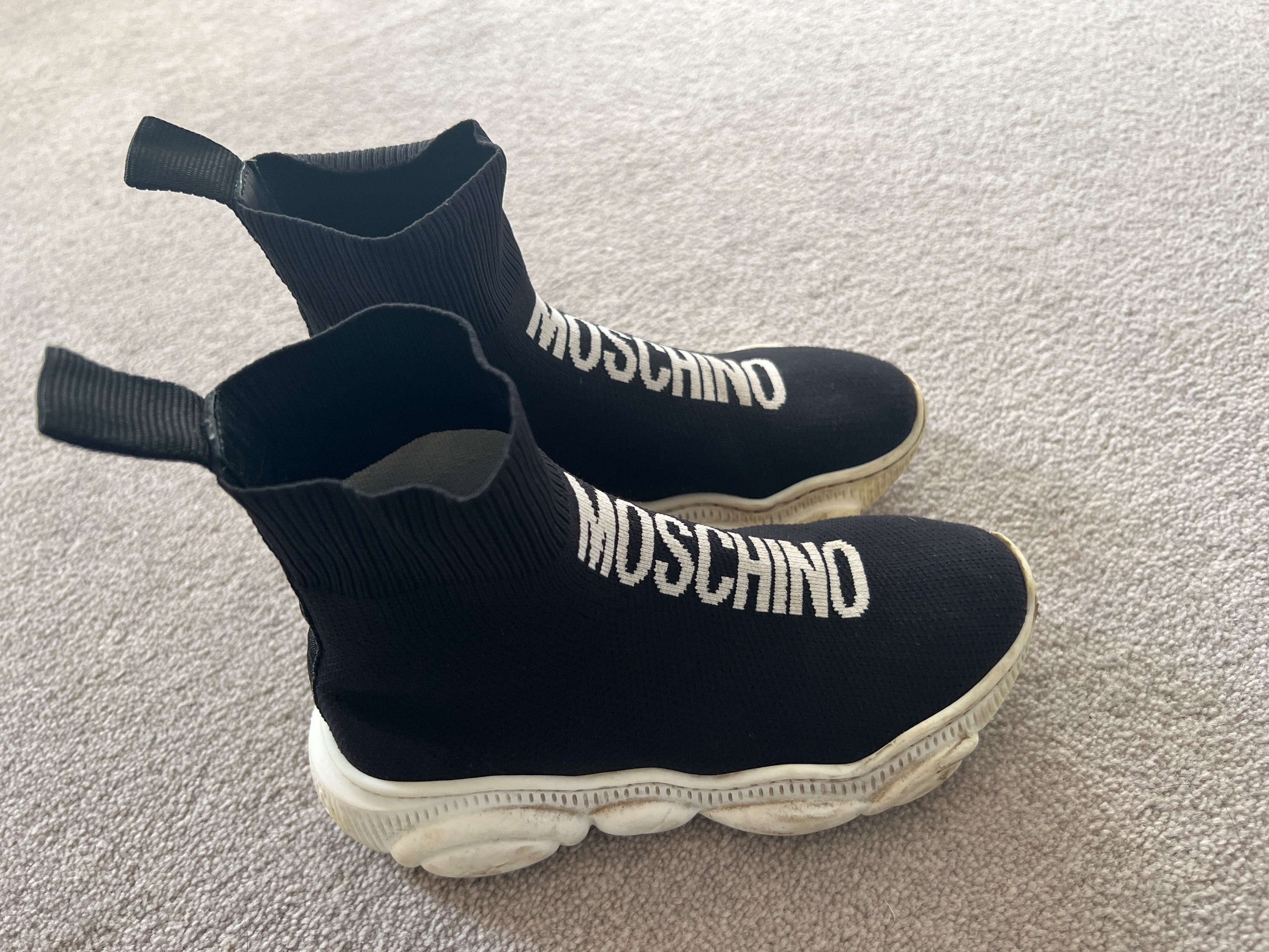 Boys Preowned Moschino Kid's Black Sock Trainers Size 6 Years + Black and white fabric