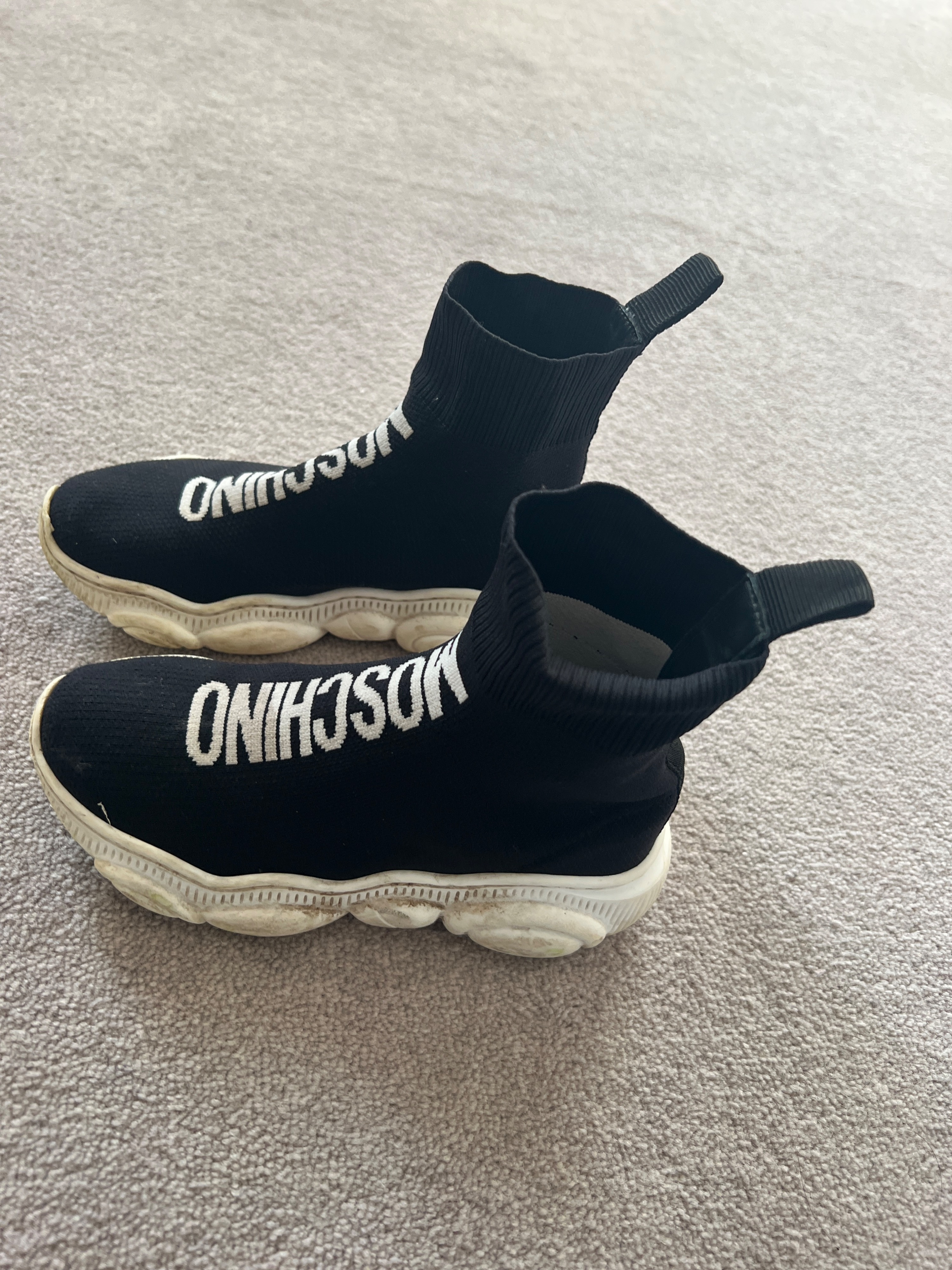 Boys Preowned Moschino Kid's Black Sock Trainers Size 6 Years + Black and white fabric