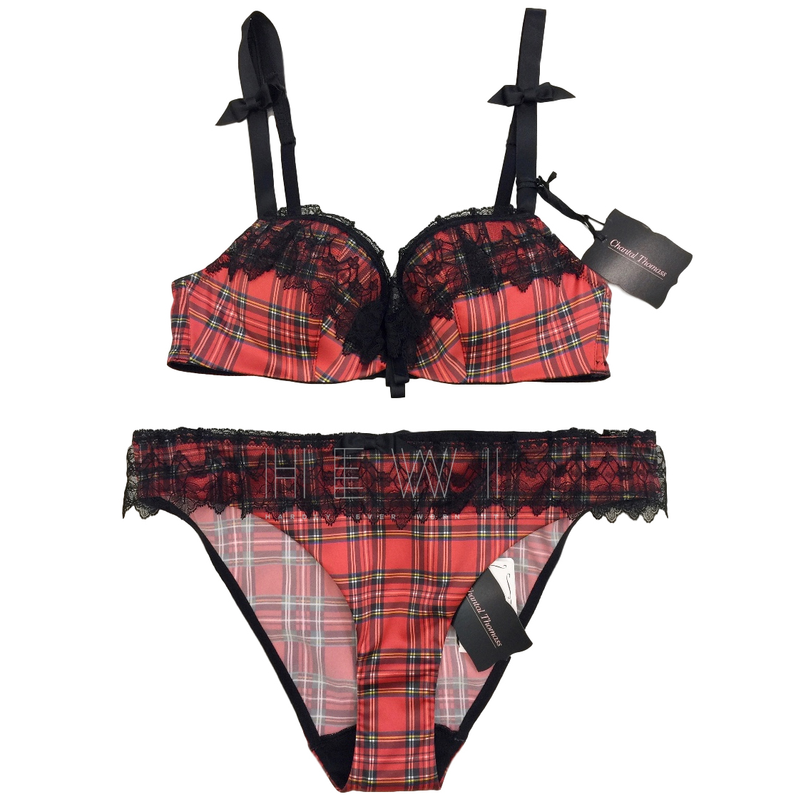 Chantal Thomass Tartan Satin  Leavers Lace Pad Bra  Brief Set Size S Check