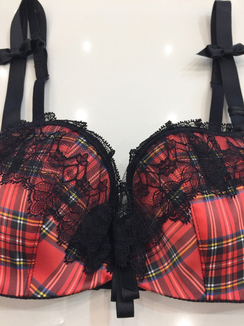 Chantal Thomass Tartan Satin  Leavers Lace Pad Bra  Brief Set Size S Check