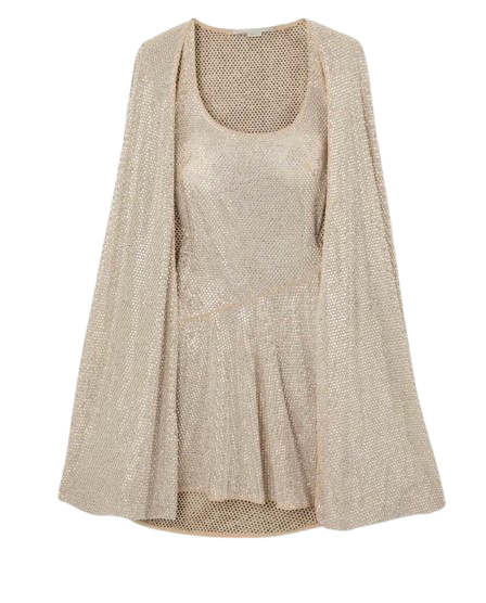 Stella McCartney Cape Effect Crystal Embellished Mini Dress Size XXS silver/nude silk