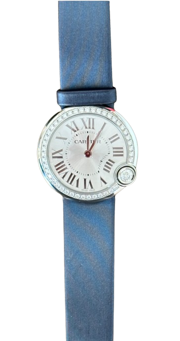 Preowned Cartier Ballon Blanc Diamond Watch with Silk Strap Size S navy steel