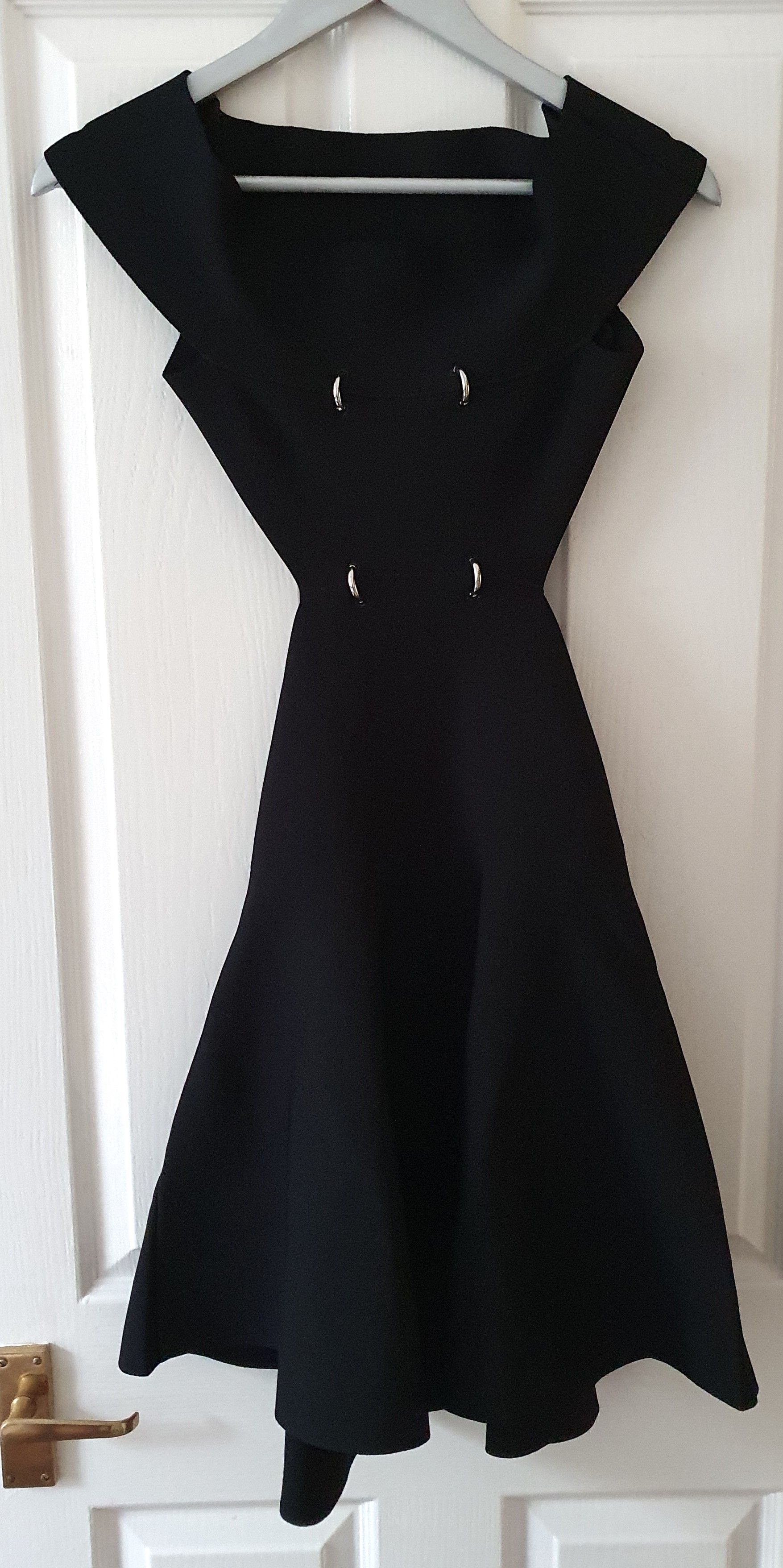 Alexander McQueen Black Bardot Cut Out Mini Dress Size L Black with Silver Embellishments viscose