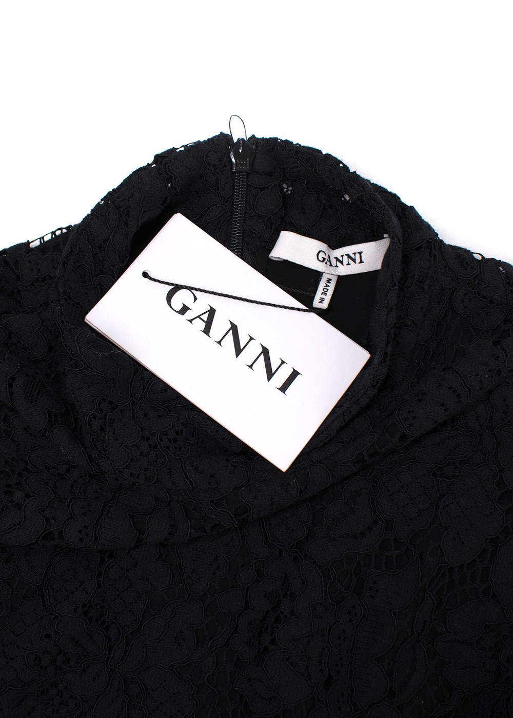 Ganni Everdale Puff Sleeve Lace Cotton Blend Mini Dress Size XS black