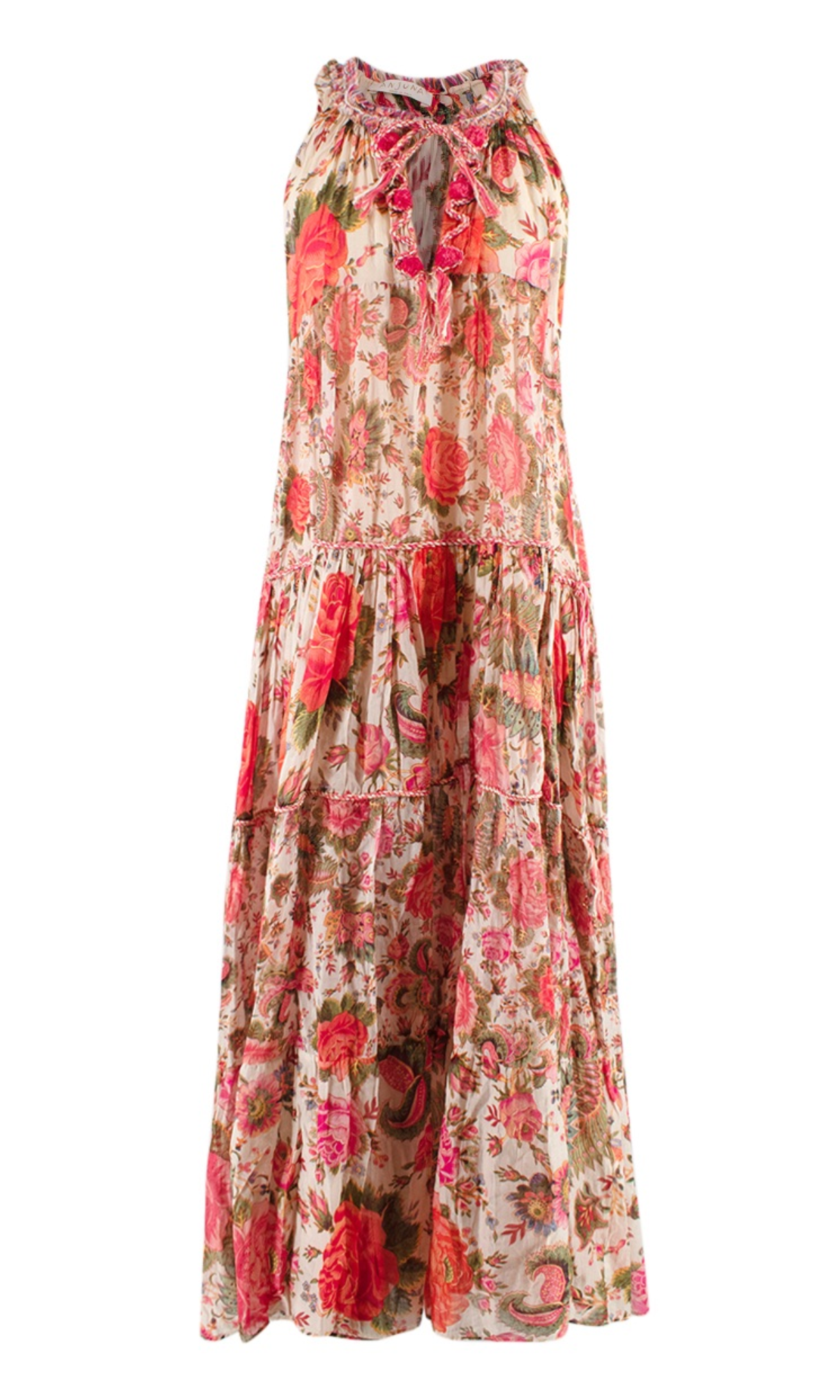 Preowned Anjuna Pink Multicoloured Floral Tie Neck Tiered Midi Dress Size XS cotton