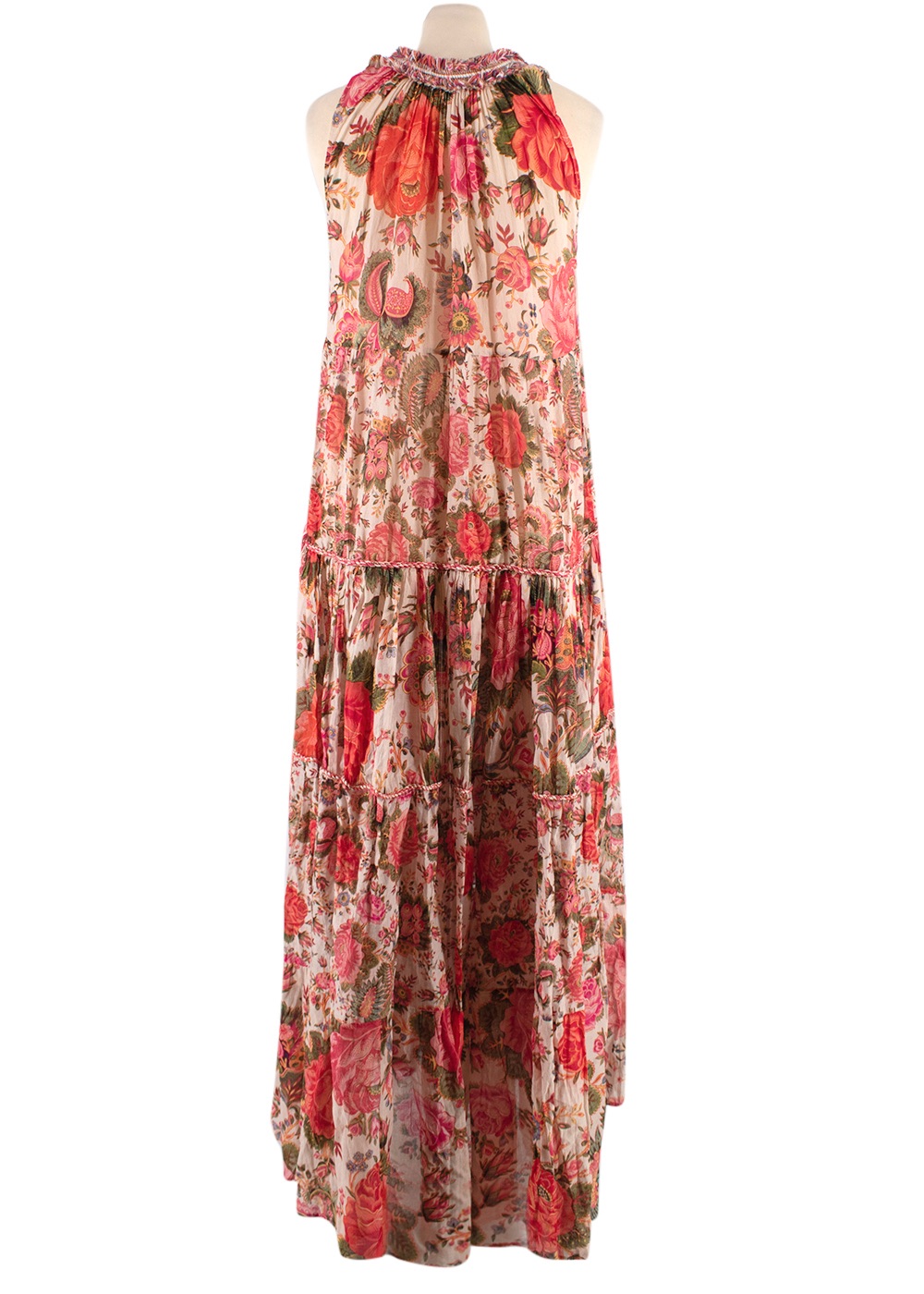 Preowned Anjuna Pink Multicoloured Floral Tie Neck Tiered Midi Dress Size XS cotton