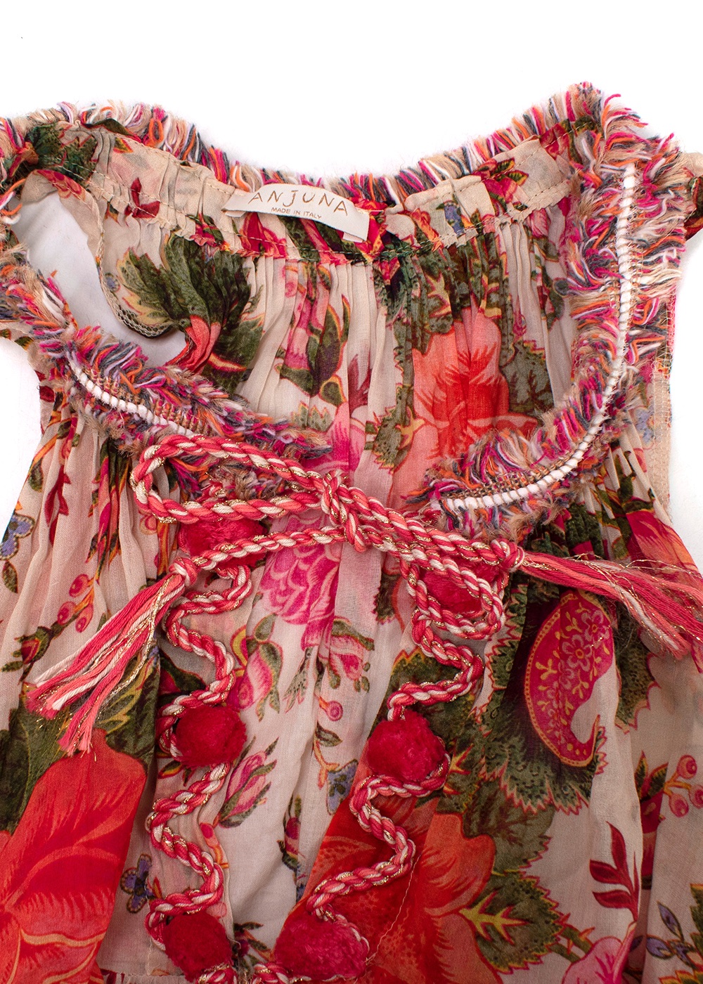 Preowned Anjuna Pink Multicoloured Floral Tie Neck Tiered Midi Dress Size XS cotton