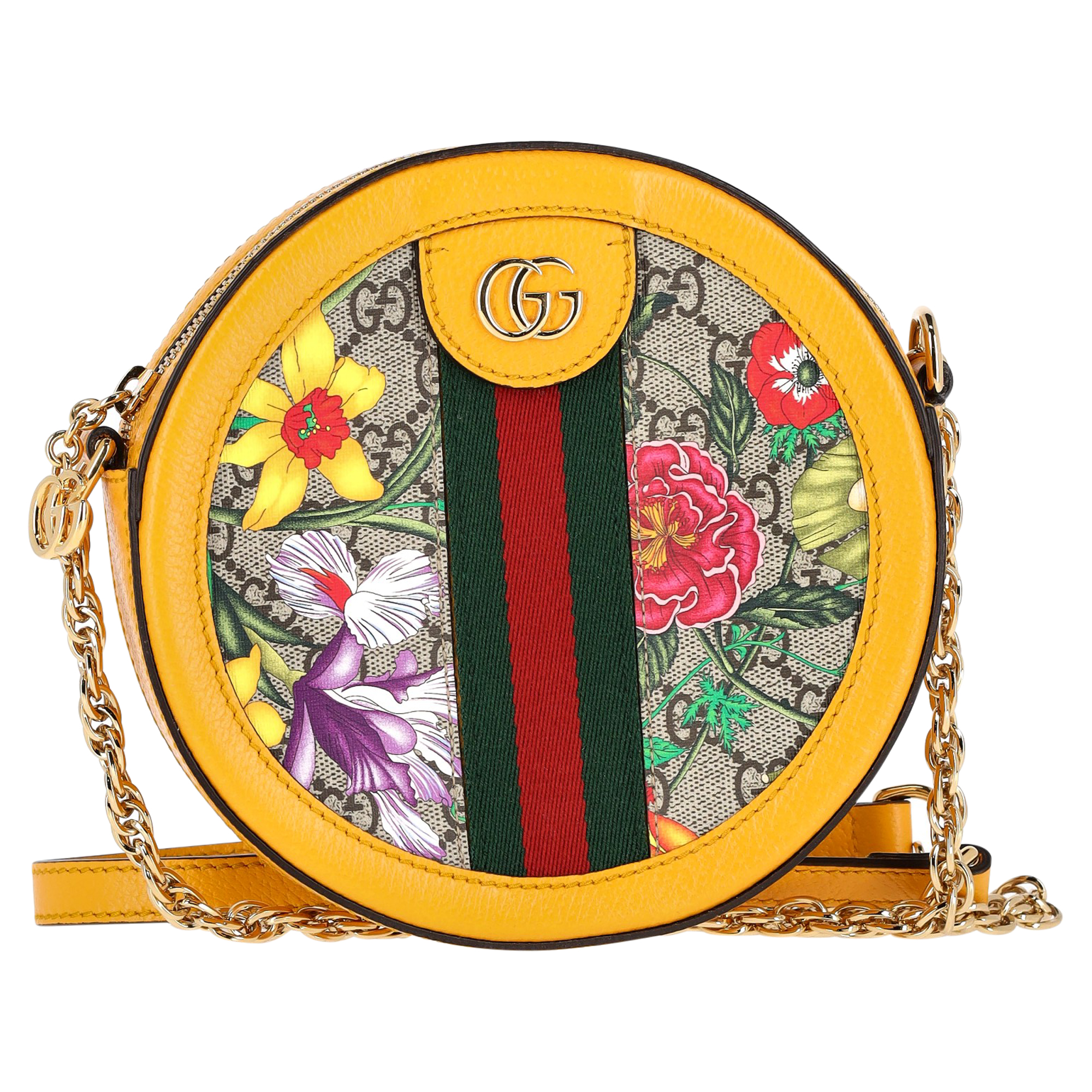 Preowned Gucci Multicoloured Ophidia Round Mini Crossbody Bag yellow | camel canvas/coated/waterproof canvas