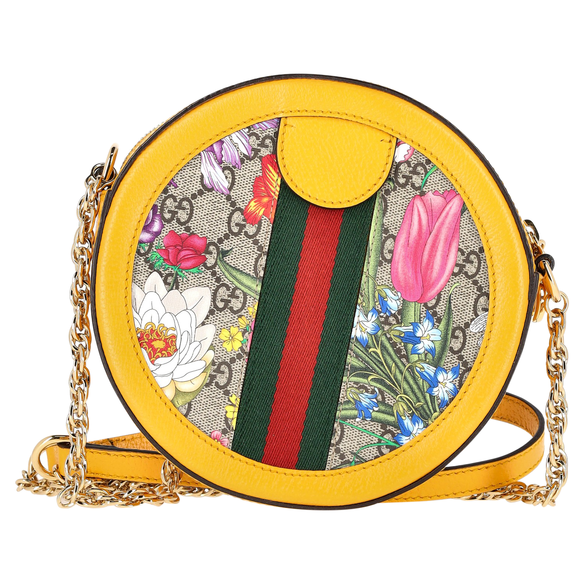 Preowned Gucci Multicoloured Ophidia Round Mini Crossbody Bag yellow | camel canvas/coated/waterproof canvas