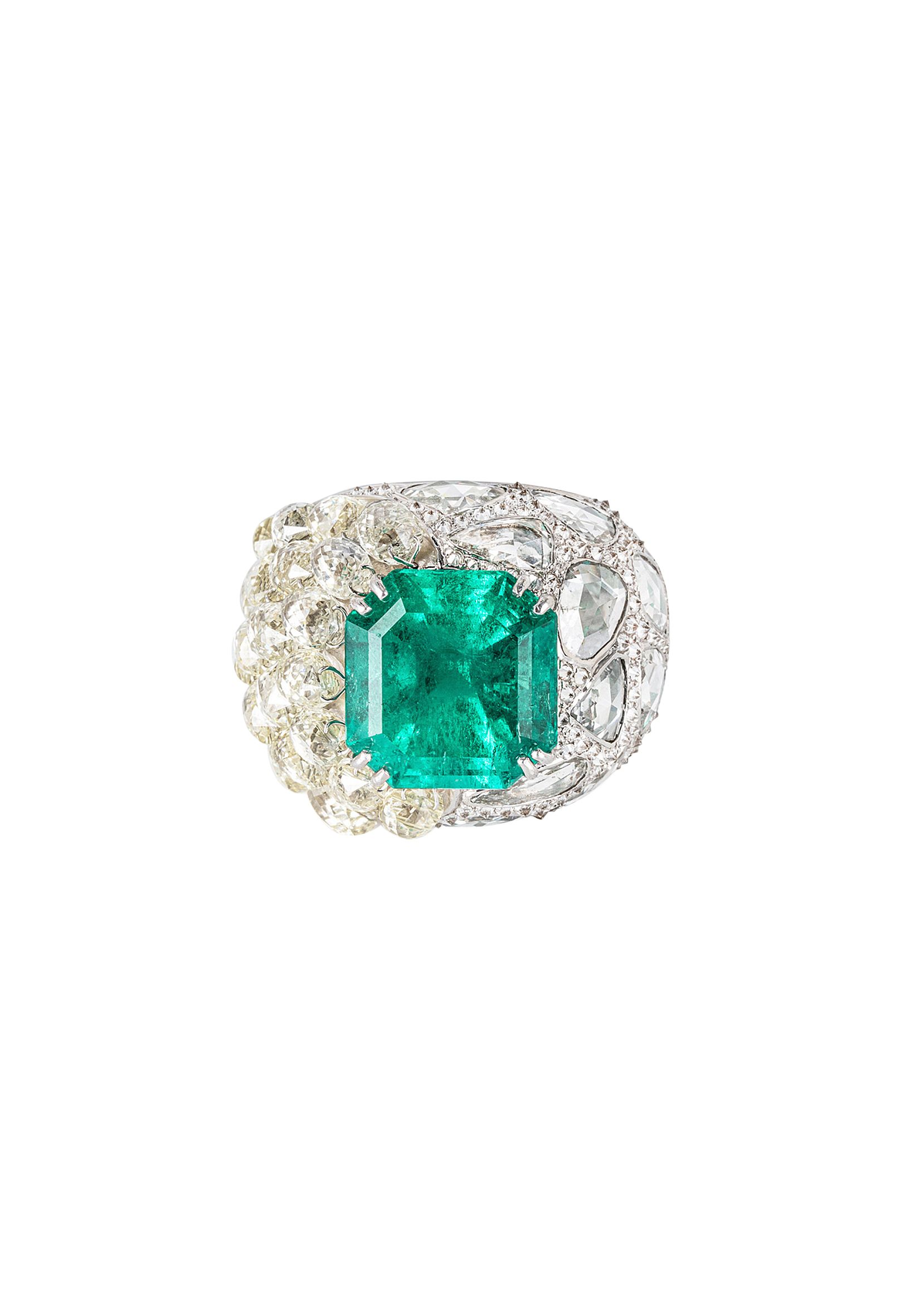 Diamond  Emerald 18ct White Gold - Size 52 Green