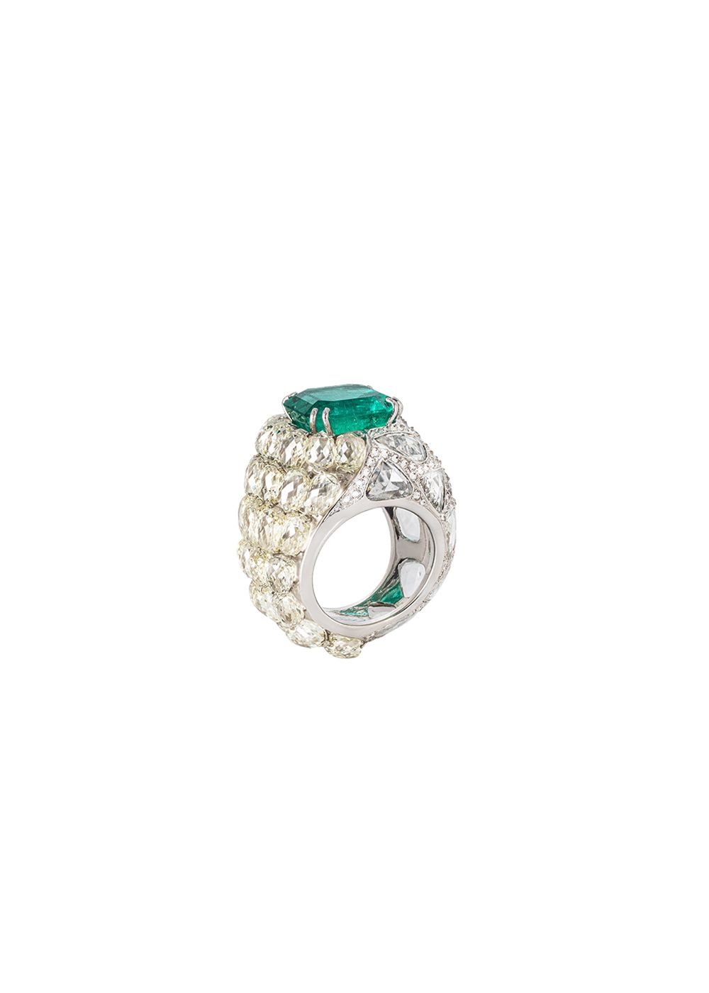 Diamond  Emerald 18ct White Gold - Size 52 Green