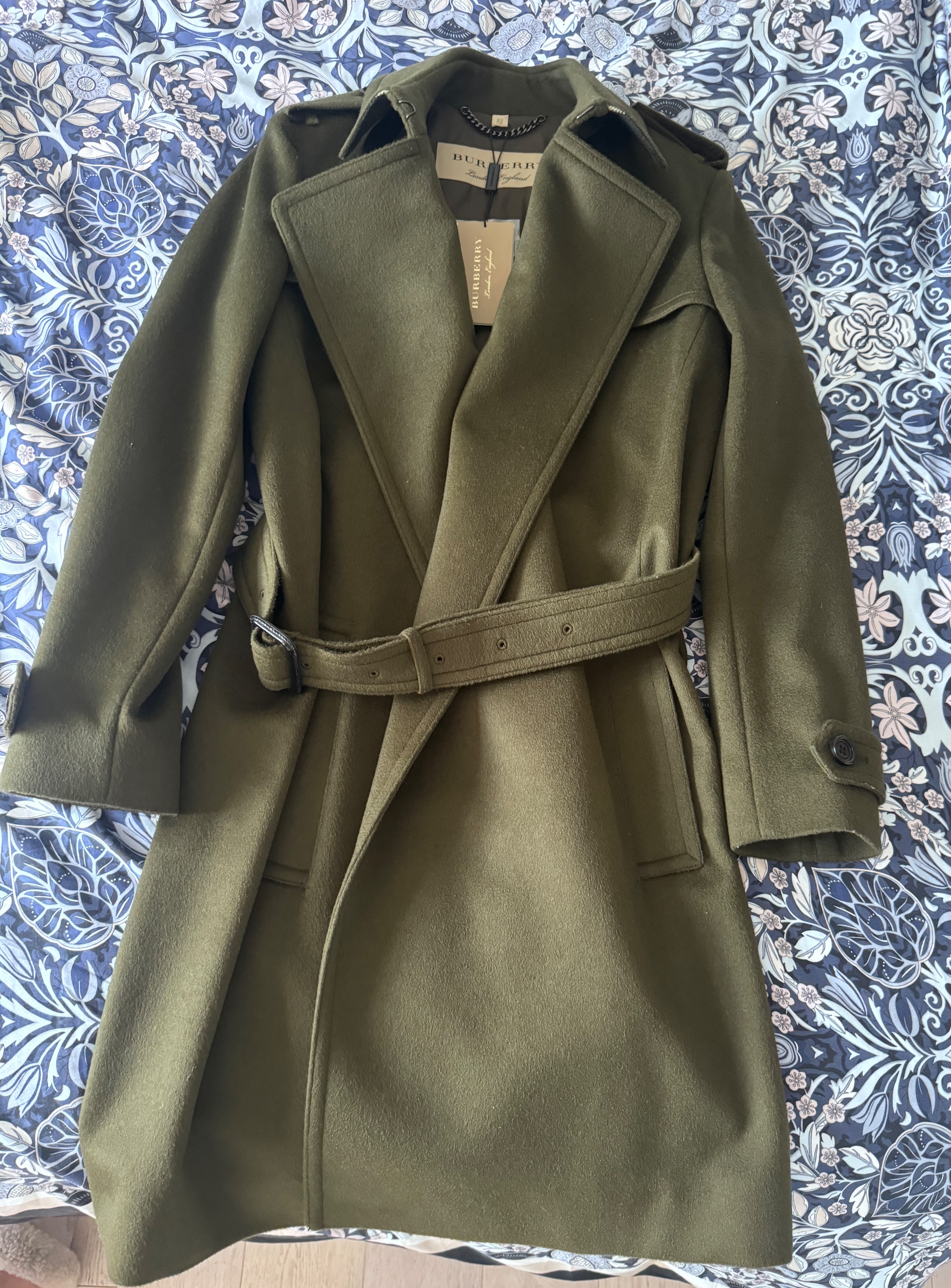 Burberry Khaki Green Cashmere Blend Belted Coat Size S Olive green cashmere/wool