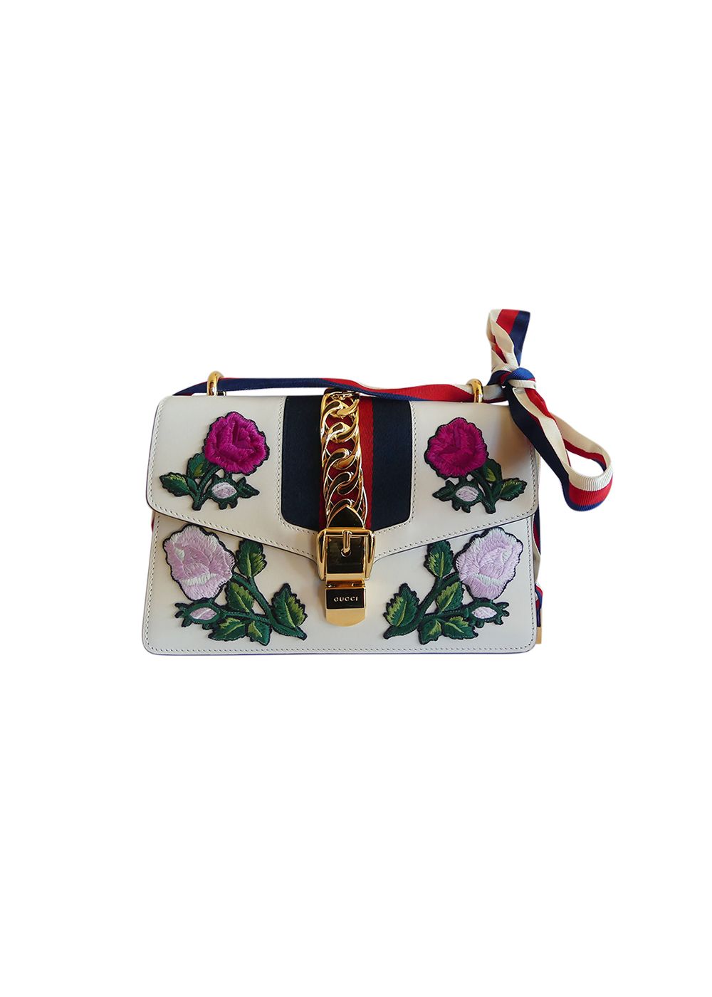 Gucci White leather small Sylvie embroidered bag Size M