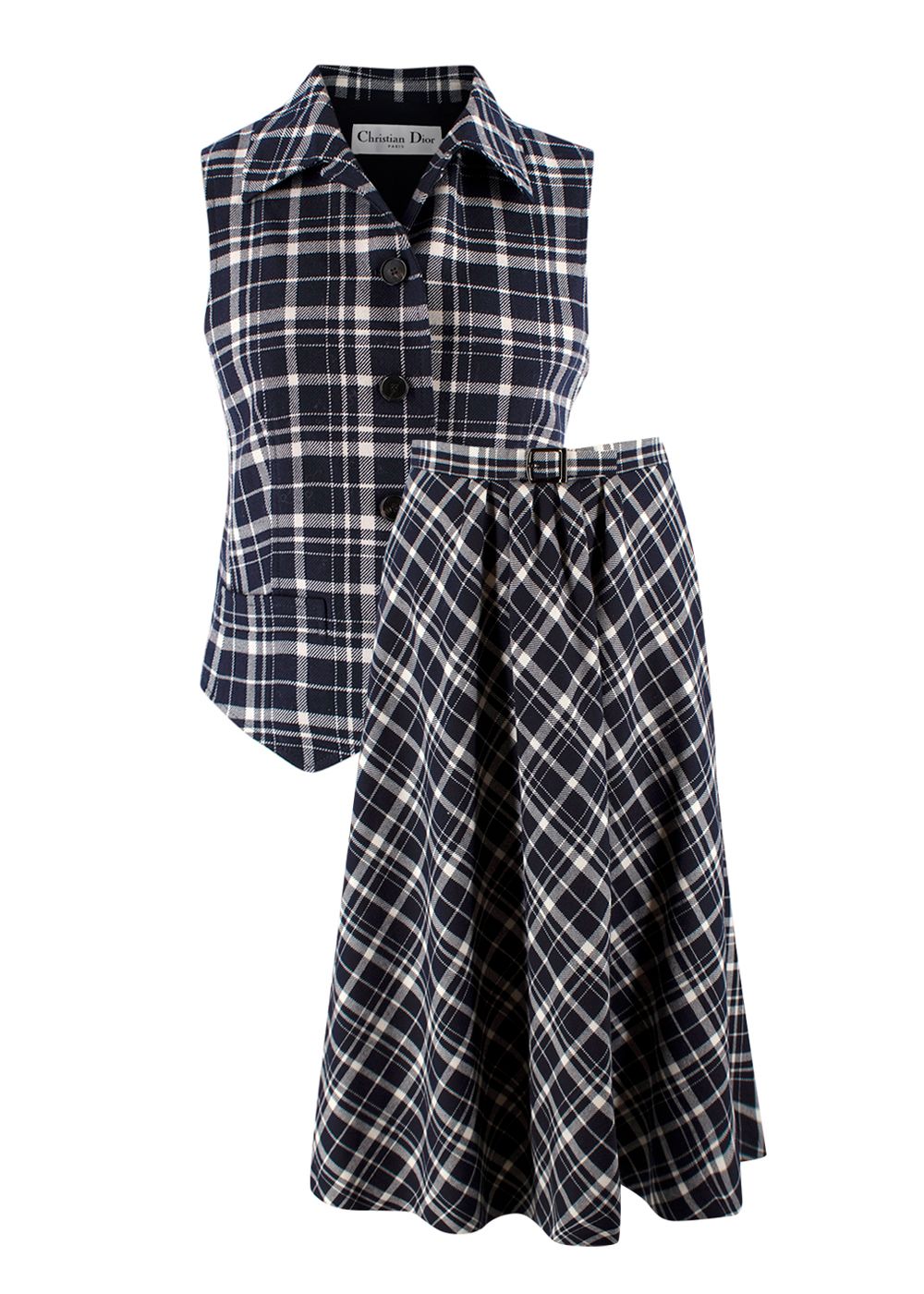 Dior Navy Wool Tartan Waist Coat  Midi Skirt Size XS black