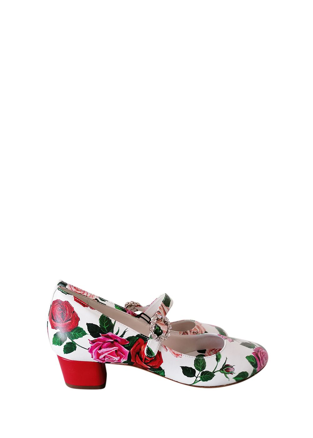 Boys Dolce  Gabbana White Rose Printed Leather Mary Jane Heeled Pumps Size 36 White and red leather/synthetic