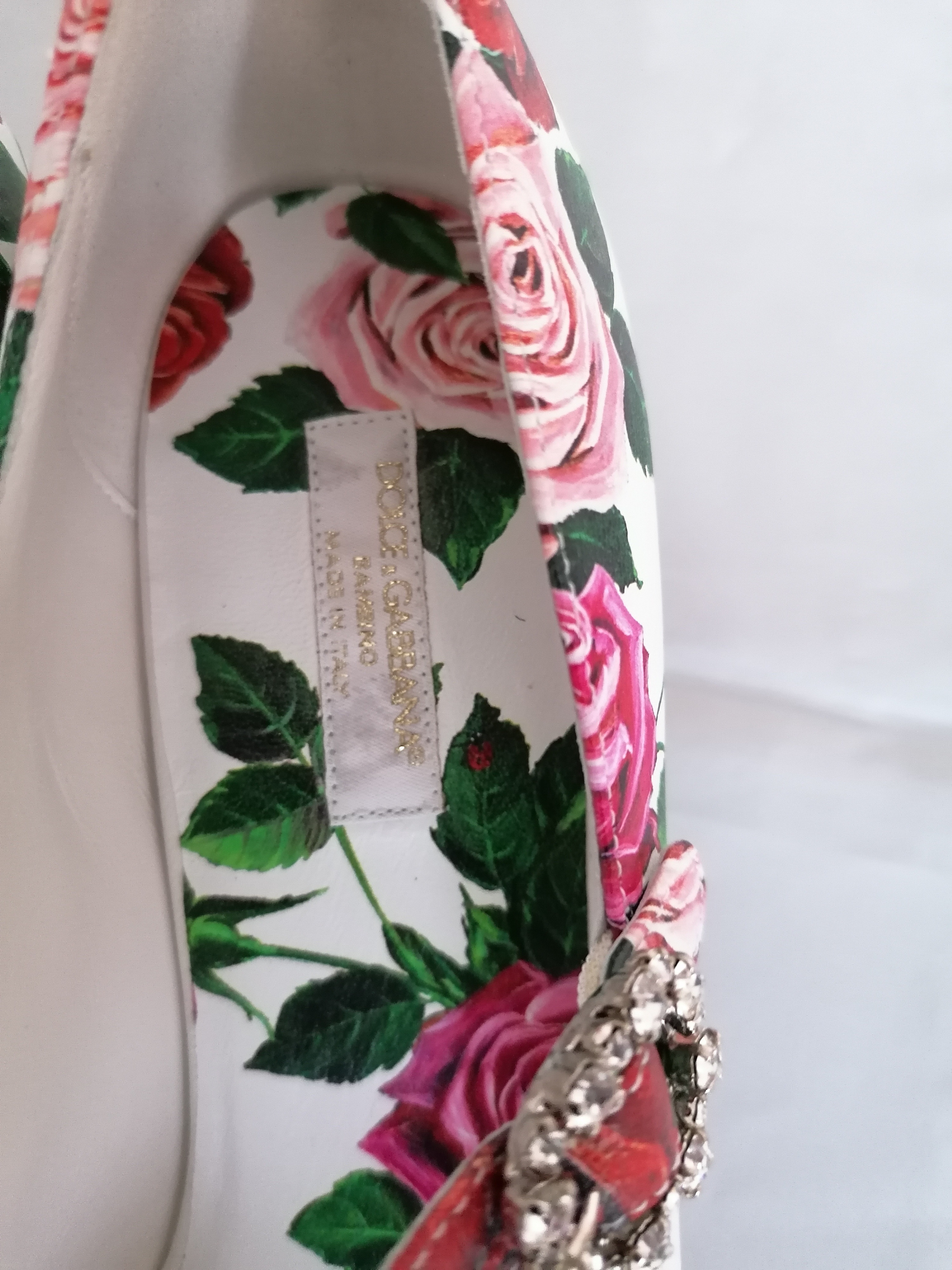 Boys Dolce  Gabbana White Rose Printed Leather Mary Jane Heeled Pumps Size 36 White and red leather/synthetic