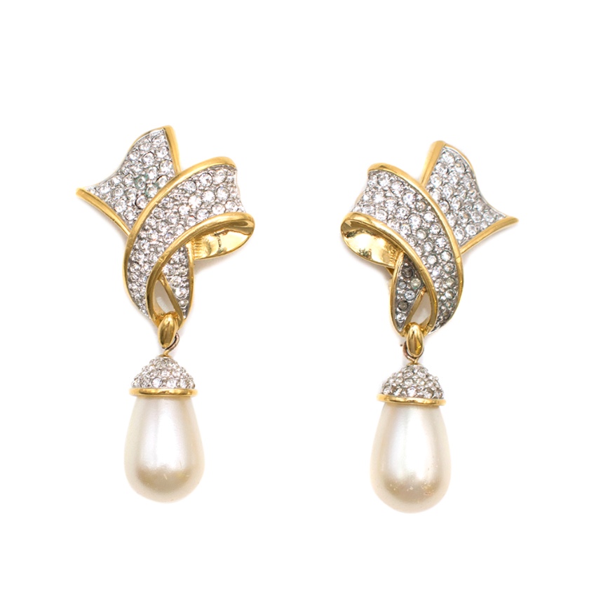 Preowned RSwarovski Gold Plated Crystal Pearl Clip-on Earrings