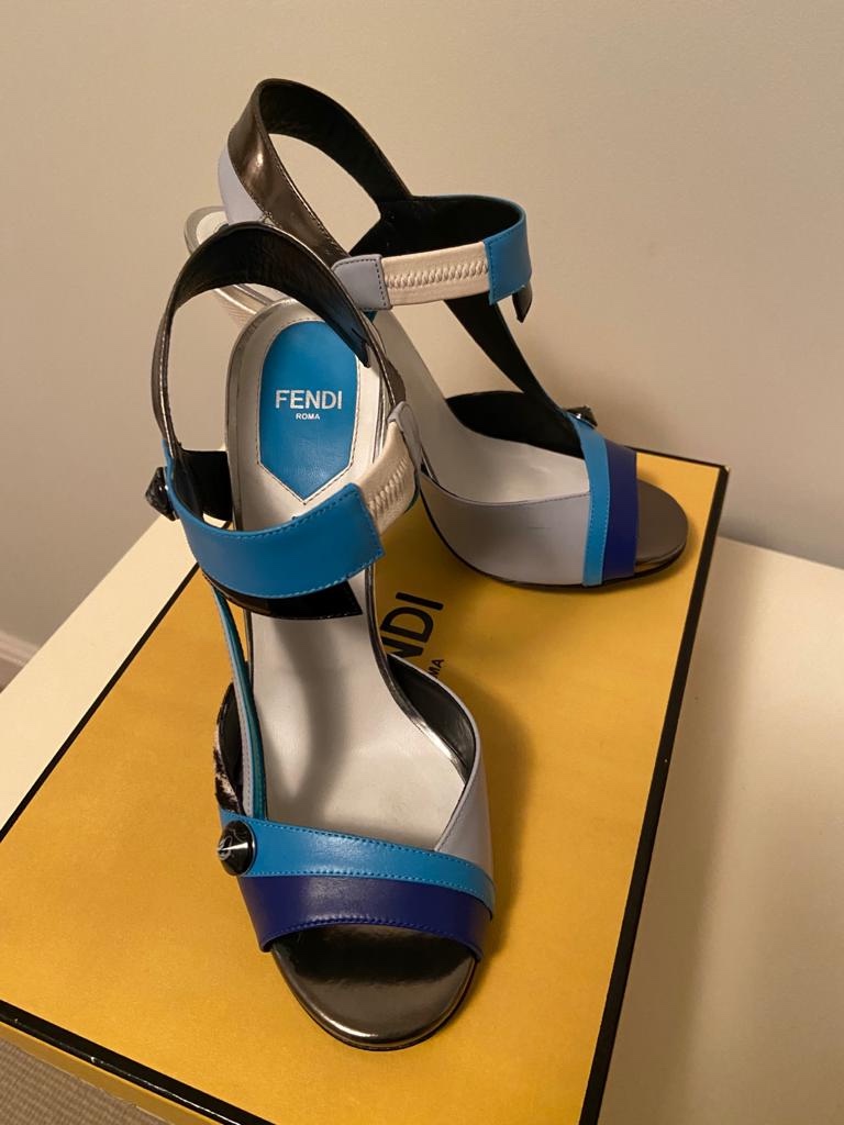 Preowned Fendi textured Leather  Calf Hair Multicoloured Sandals Size 385 Blue