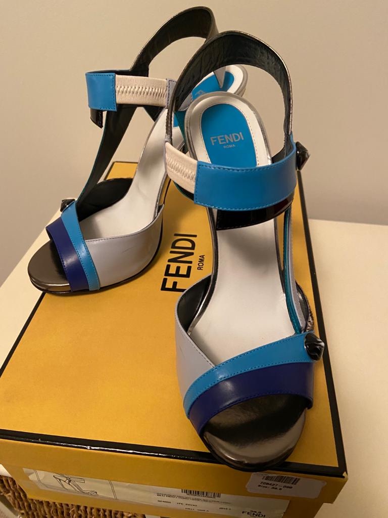 Preowned Fendi textured Leather  Calf Hair Multicoloured Sandals Size 385 Blue