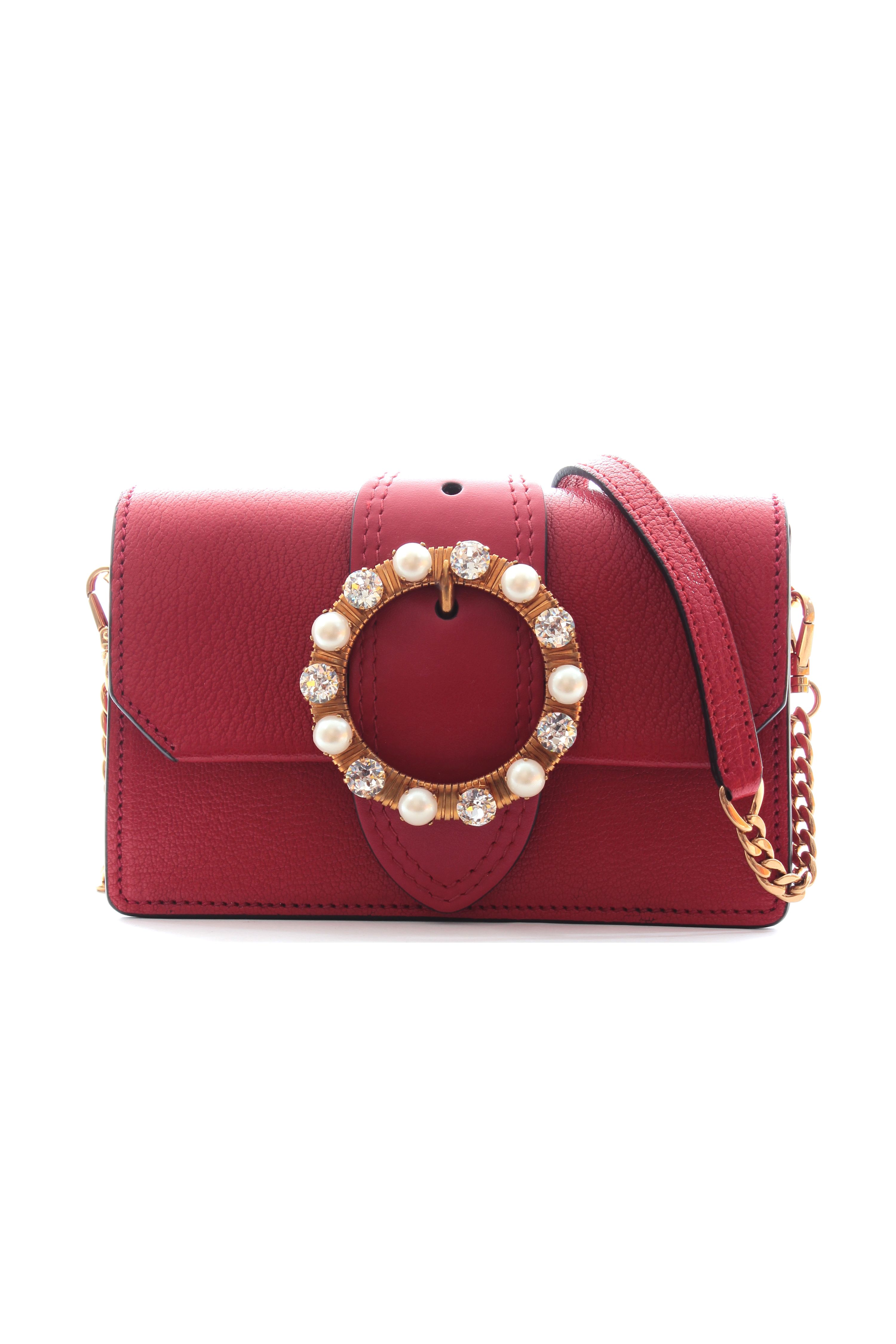 MiuMiu Red Crystal and Pearl Embellished Crossbody Bag leather