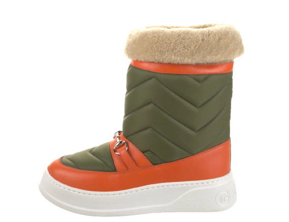 Men's Gucci Horsebit Khaki Nylon and Shearling Snow Boots Size 42 Orange Green and White nylon twenty/quebec calf/merin