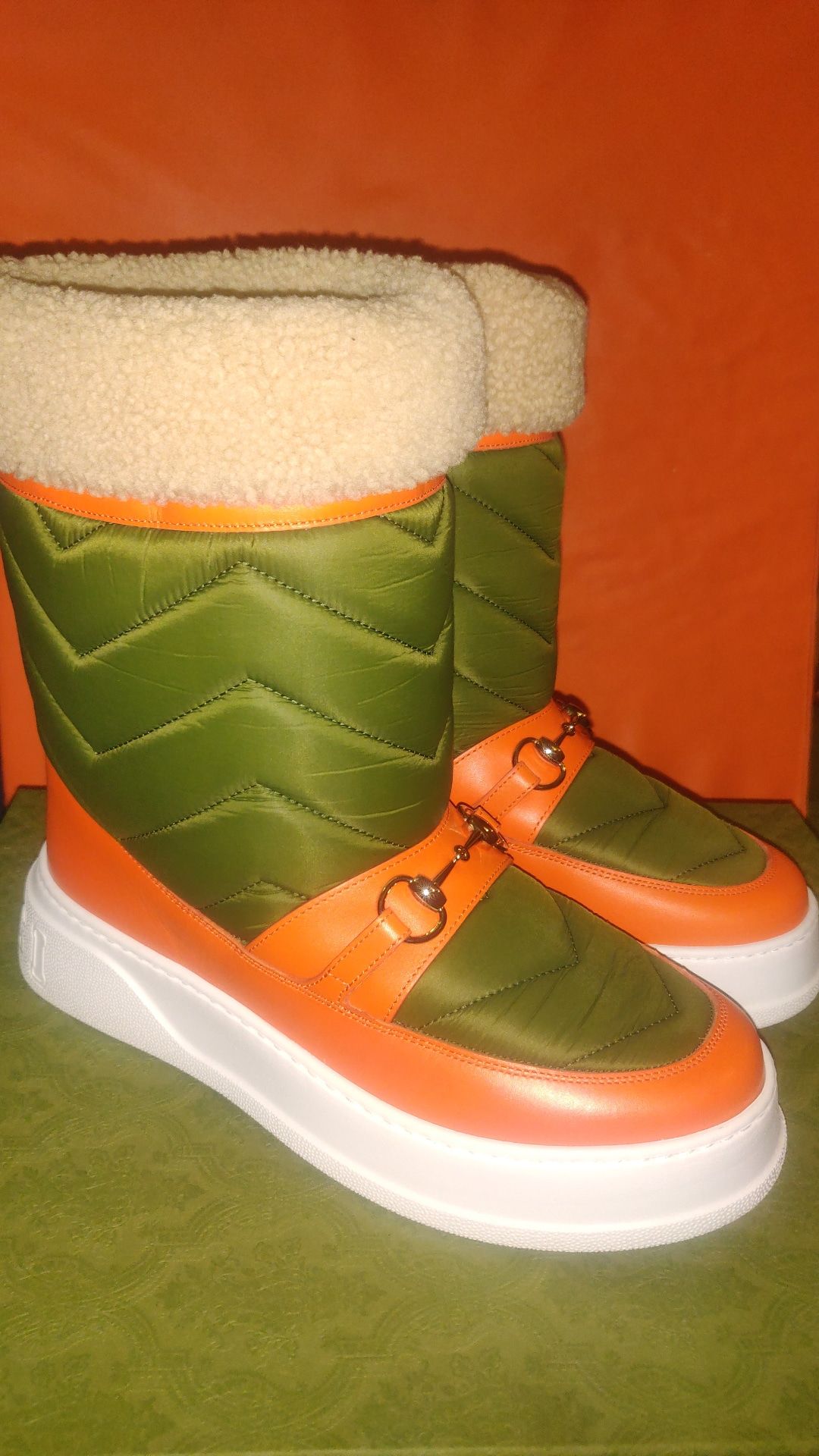 Men's Gucci Horsebit Khaki Nylon and Shearling Snow Boots Size 42 Orange Green and White nylon twenty/quebec calf/merin