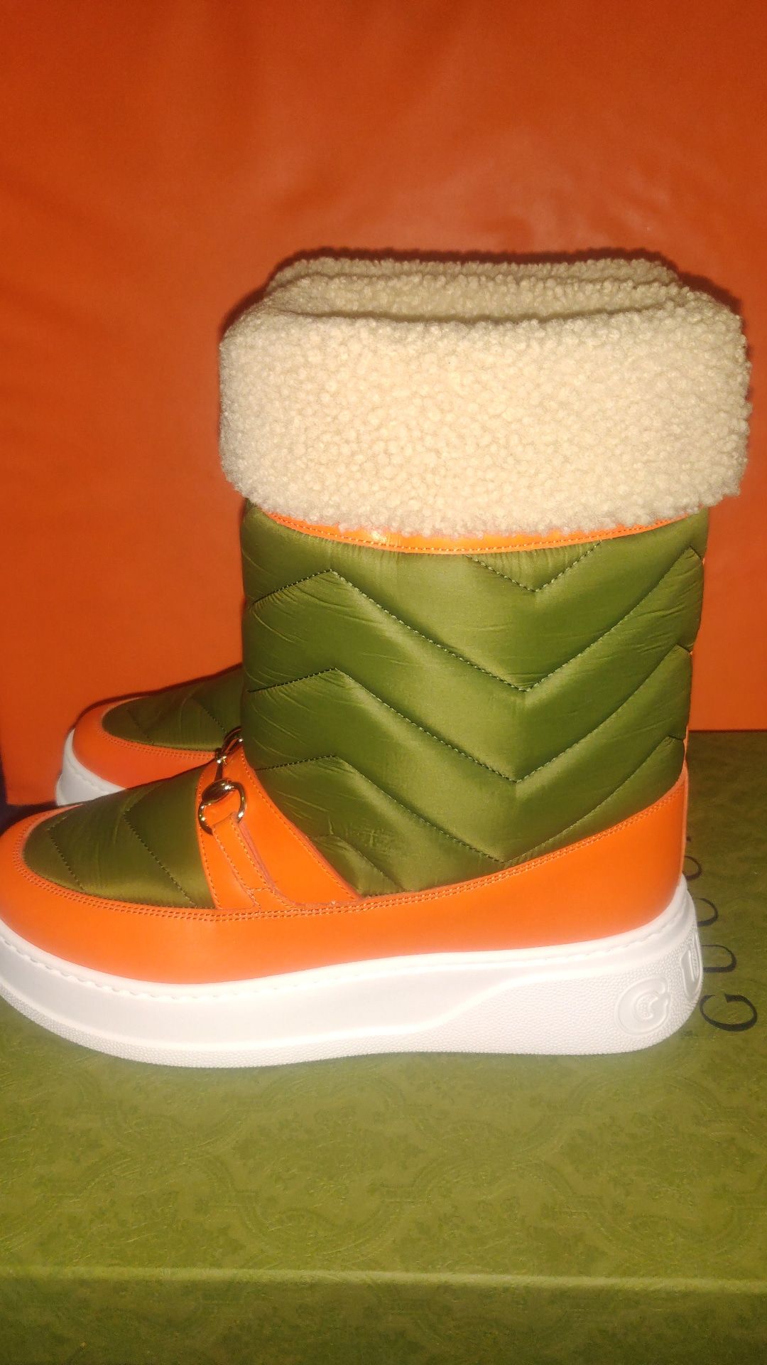 Men's Gucci Horsebit Khaki Nylon and Shearling Snow Boots Size 42 Orange Green and White nylon twenty/quebec calf/merin