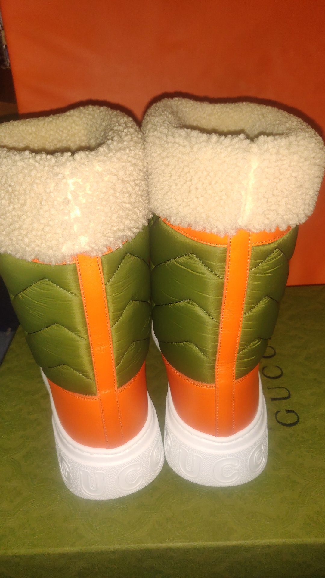 Men's Gucci Horsebit Khaki Nylon and Shearling Snow Boots Size 42 Orange Green and White nylon twenty/quebec calf/merin