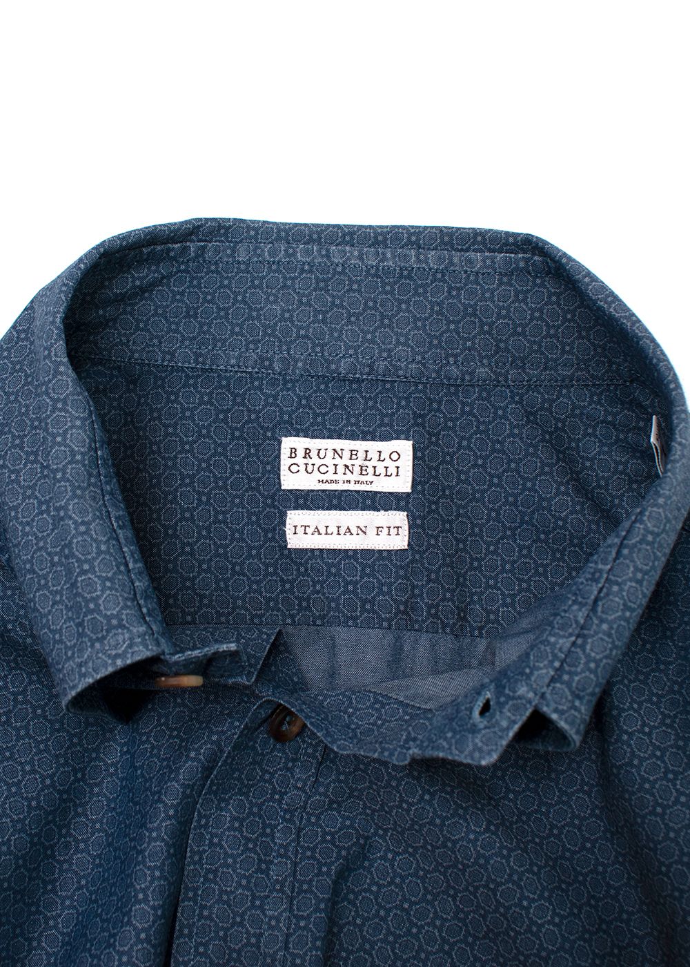 Men's Preowned Brunello Cucinelli Blue Cotton Patterned Shirt Size L