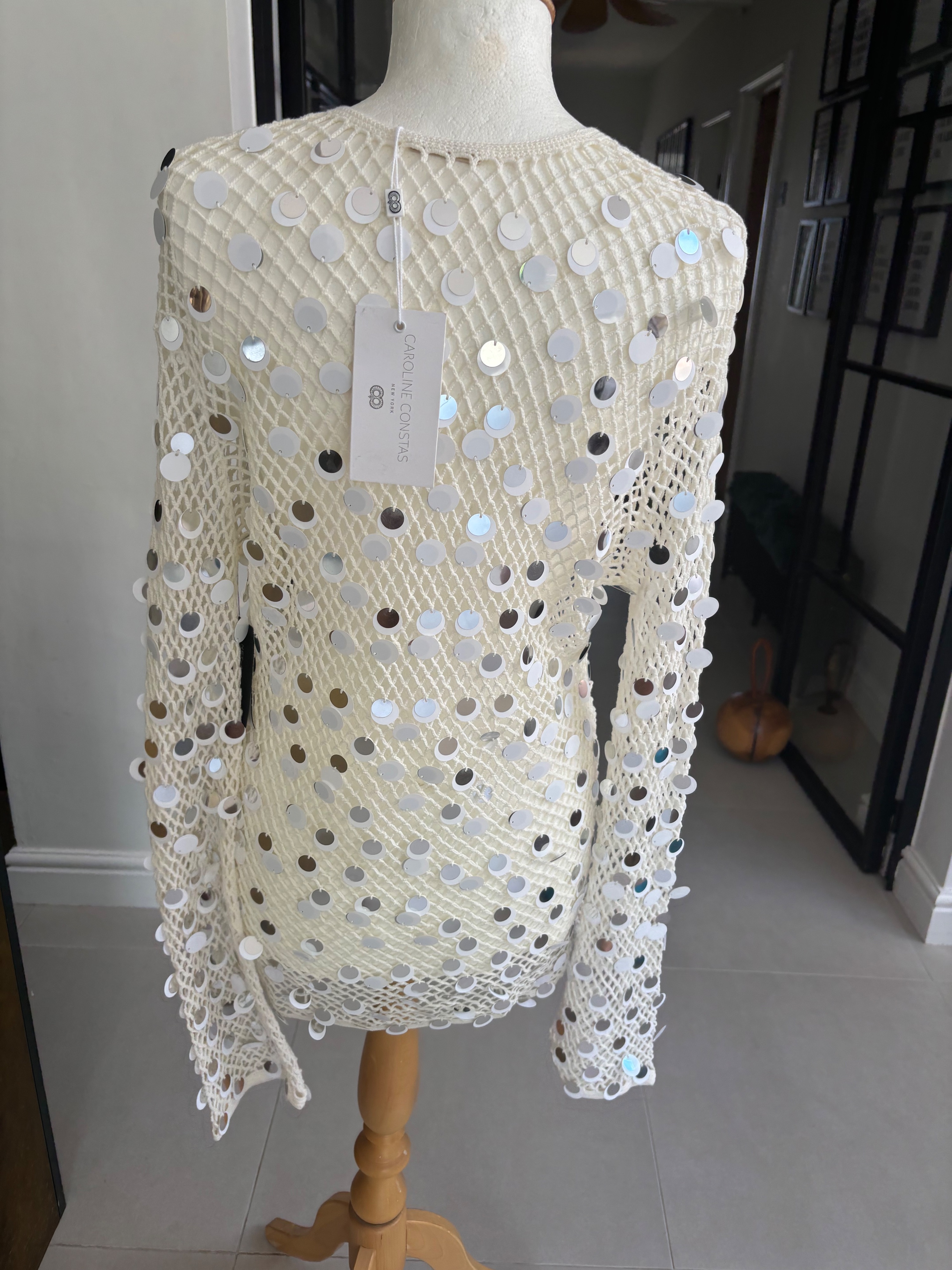 Caroline Constas Silver Crochet Ibiza Bikini Cover Up/Top Size M White and silver see label