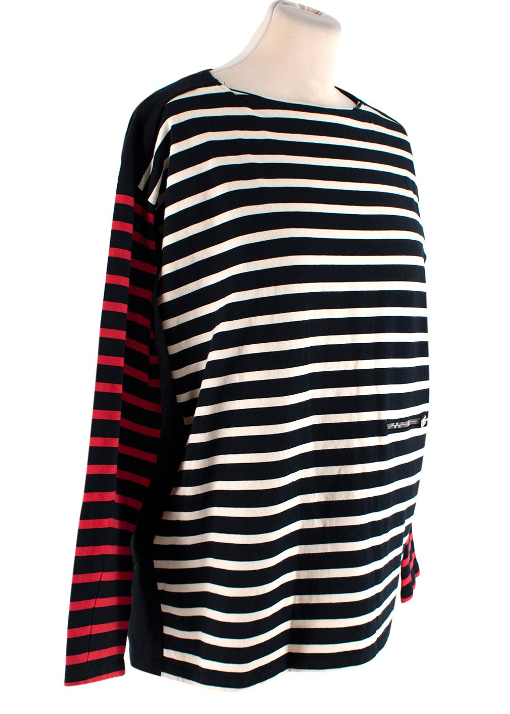 Stella McCartney Monochrome Striped Cotton Jumper With Contrasting Red And Black Striped Sleeves  With Front Zip Pocket Size S Multi