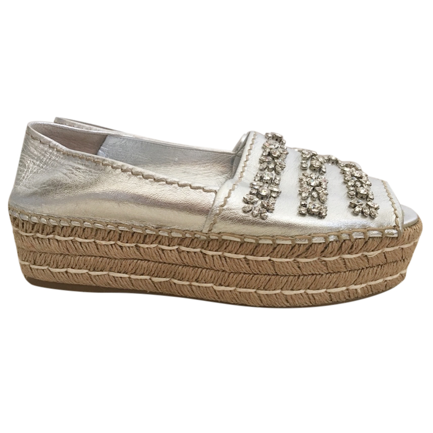 Preowned Prada Metallic Crystal Embellished Espadrilles Size 385 Silver leather