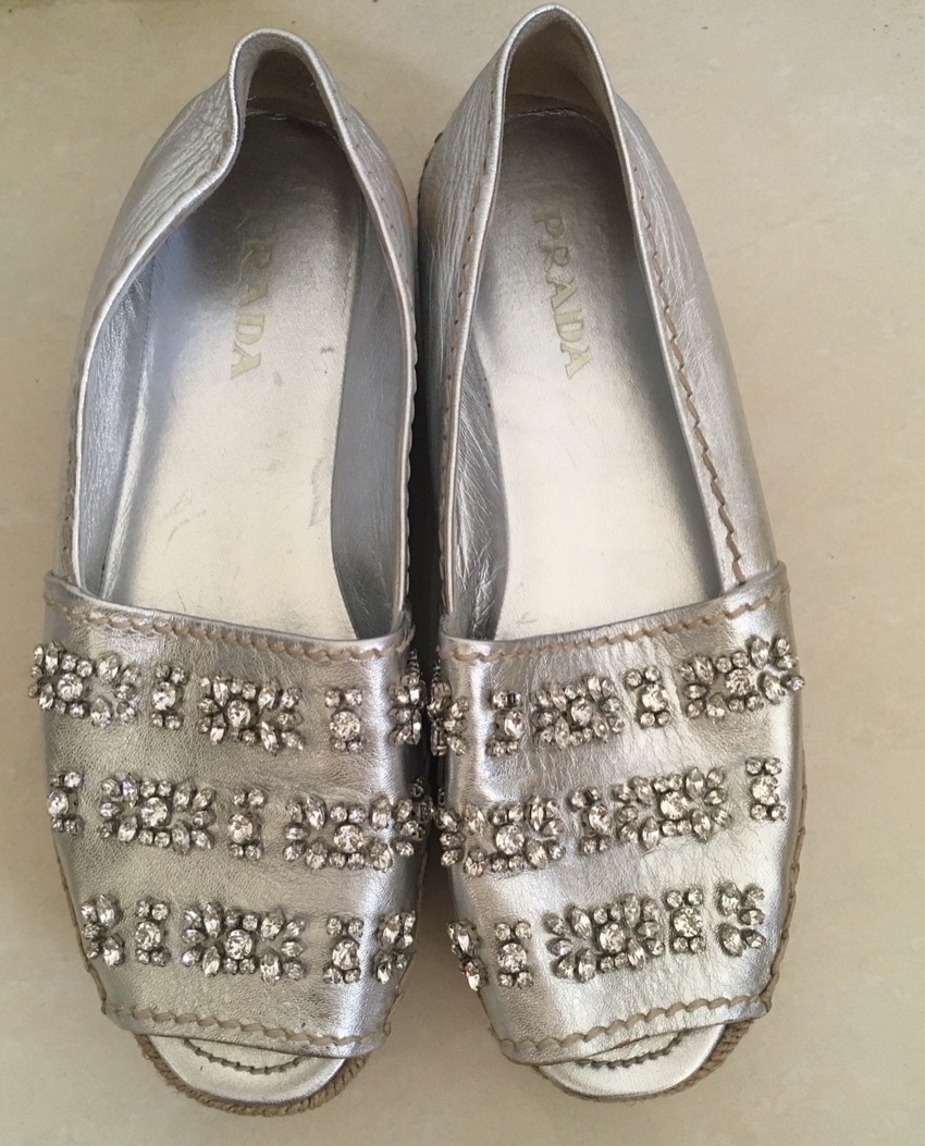 Preowned Prada Metallic Crystal Embellished Espadrilles Size 385 Silver leather