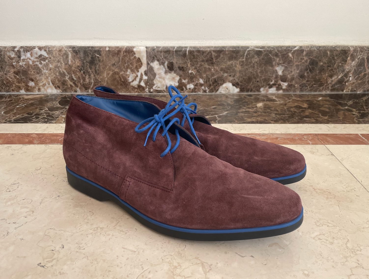 Men's Preowned Suede Bi-Colour Lace-Ups Size 455 Maroon/Blue Details leather