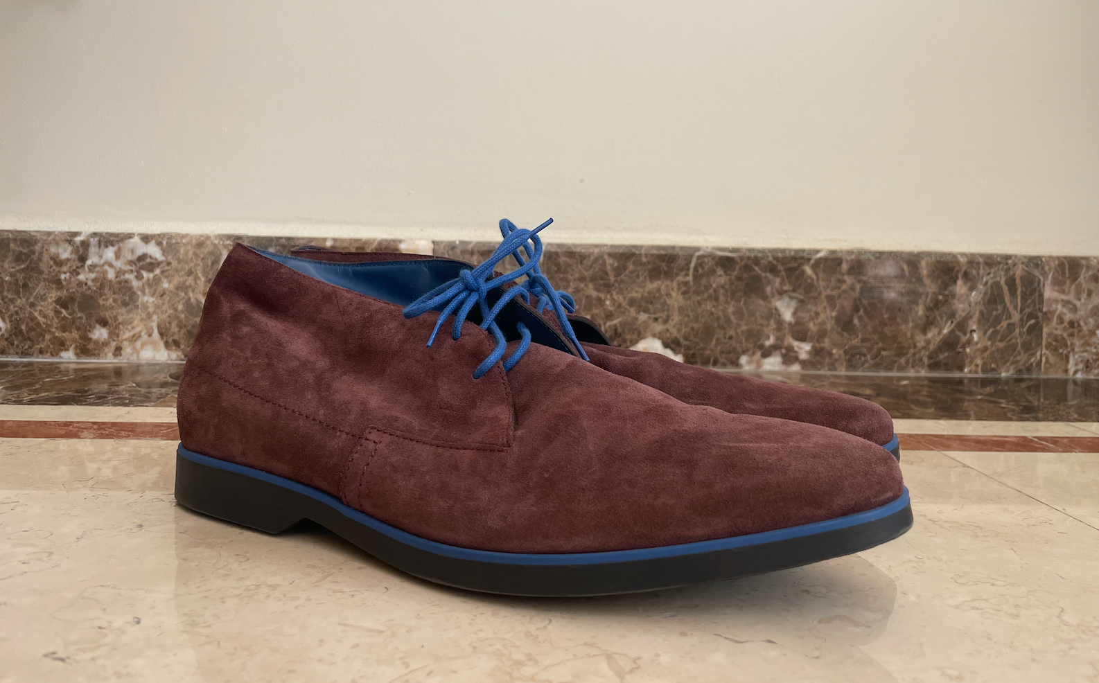 Men's Preowned Suede Bi-Colour Lace-Ups Size 455 Maroon/Blue Details leather