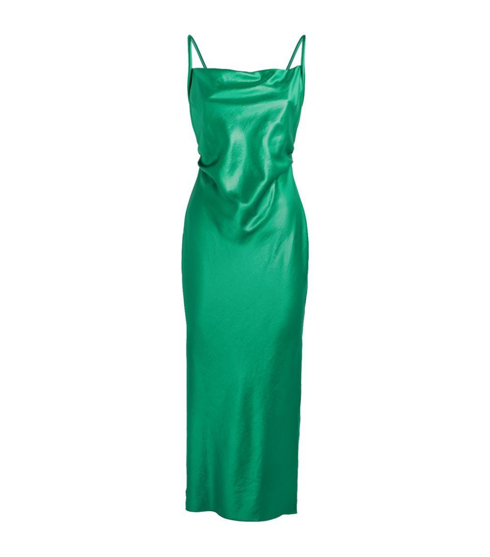 Nanushka Emerald Green Satin Irma Open Back Midi Dress Size L polyester