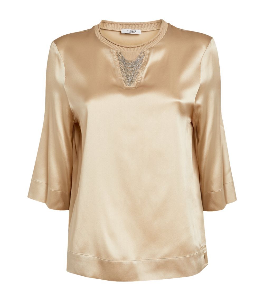 Peserico Silk Chain-Detail Blouse Size XS Champagne Gold