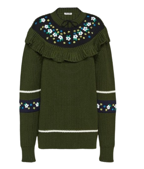 Miu Miu Green Floral Embroidered Bib Wool Jumper Size 38