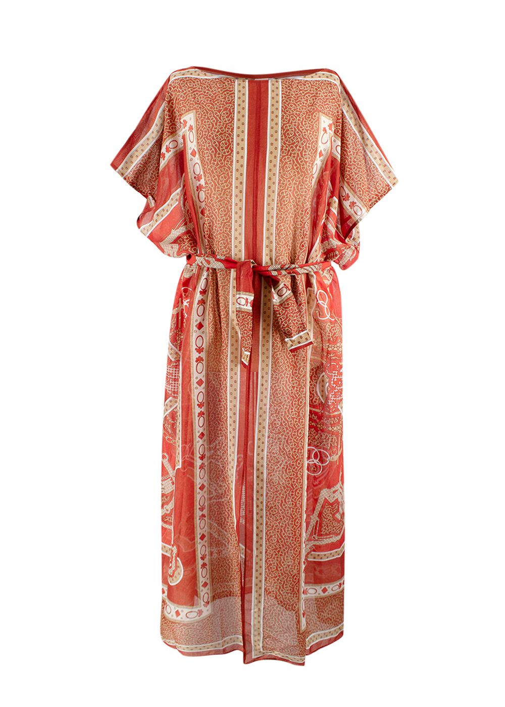 Hermes Red  'Mors et Gourmettes' Maxi Beach Caftan red beige cotton